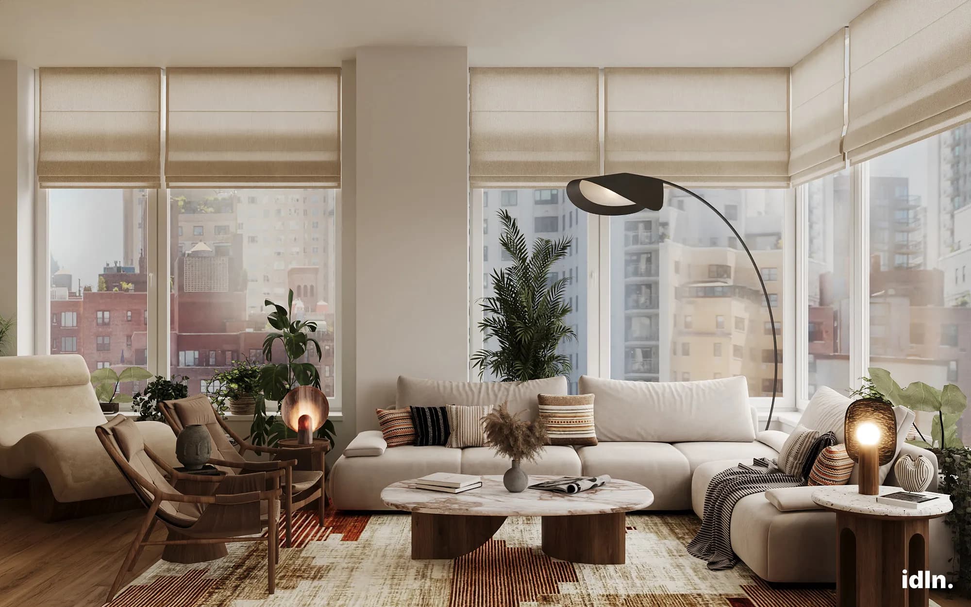 This is an open concept apartment in Miami, living and dining area, a fusion of industrial, indian and japanese style