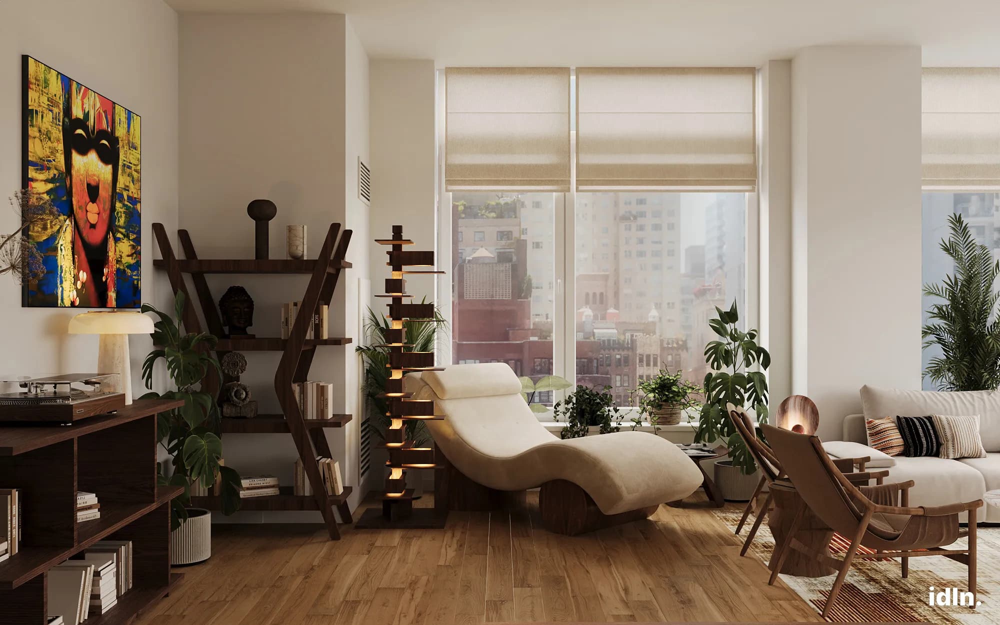 This is an open concept apartment in Miami, living and dining area, a fusion of industrial, indian and japanese style