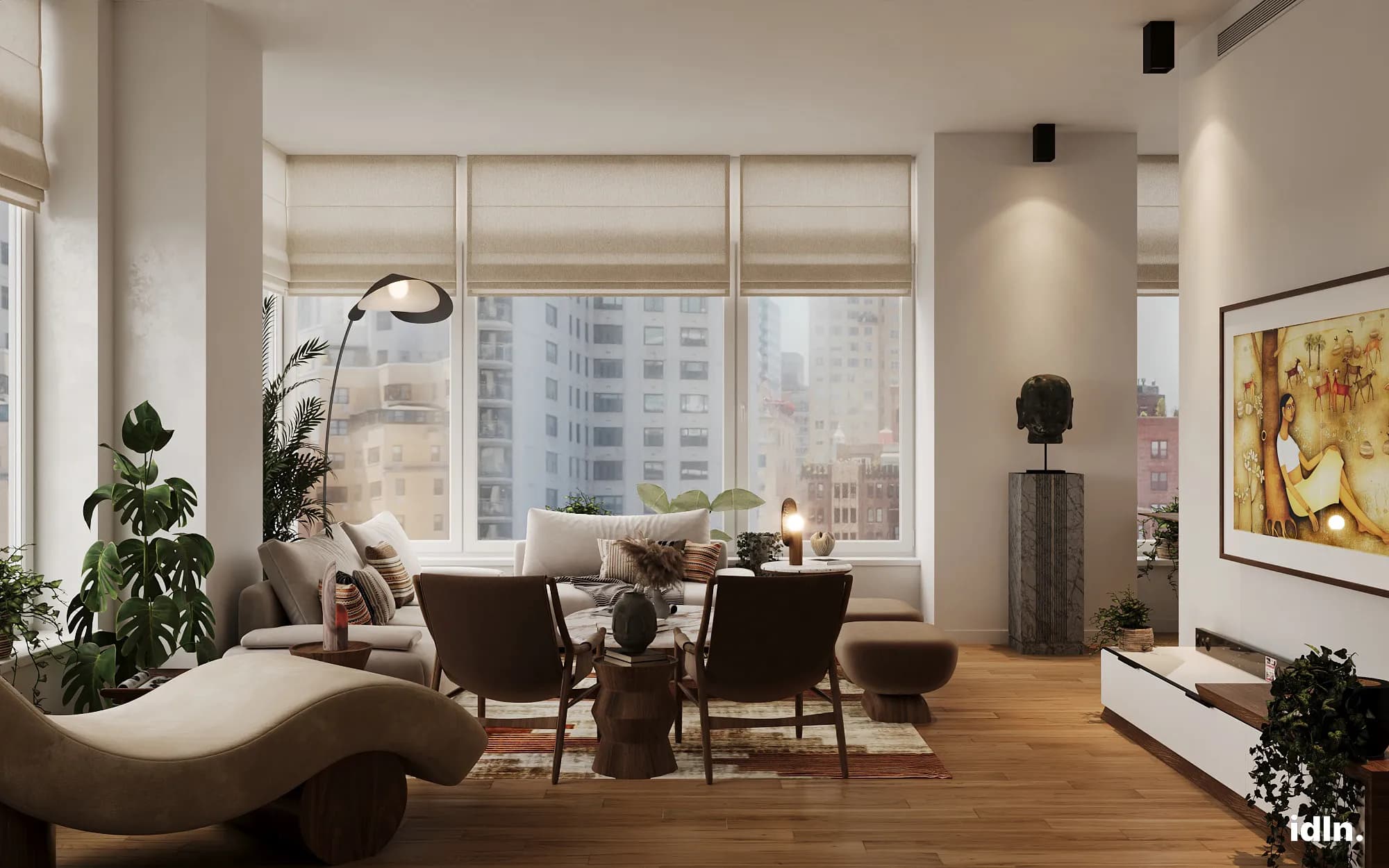 This is an open concept apartment in Miami, living and dining area, a fusion of industrial, indian and japanese style