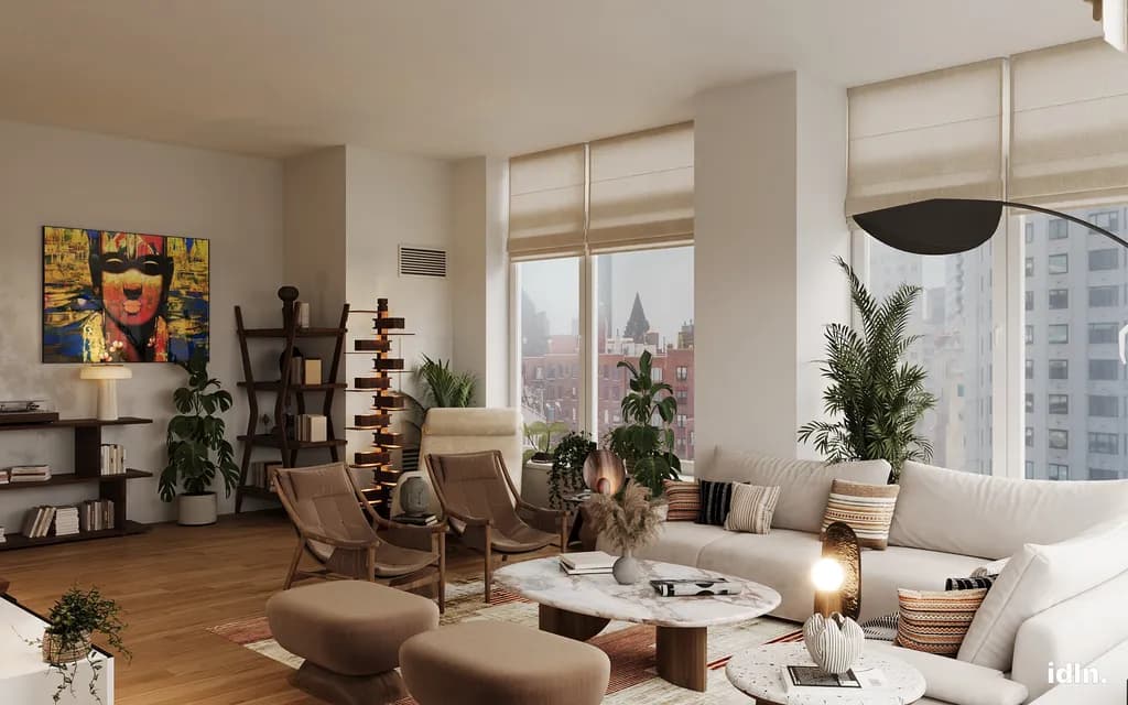 This is an open concept apartment in Miami, living and dining area, a fusion of industrial, indian and japanese style