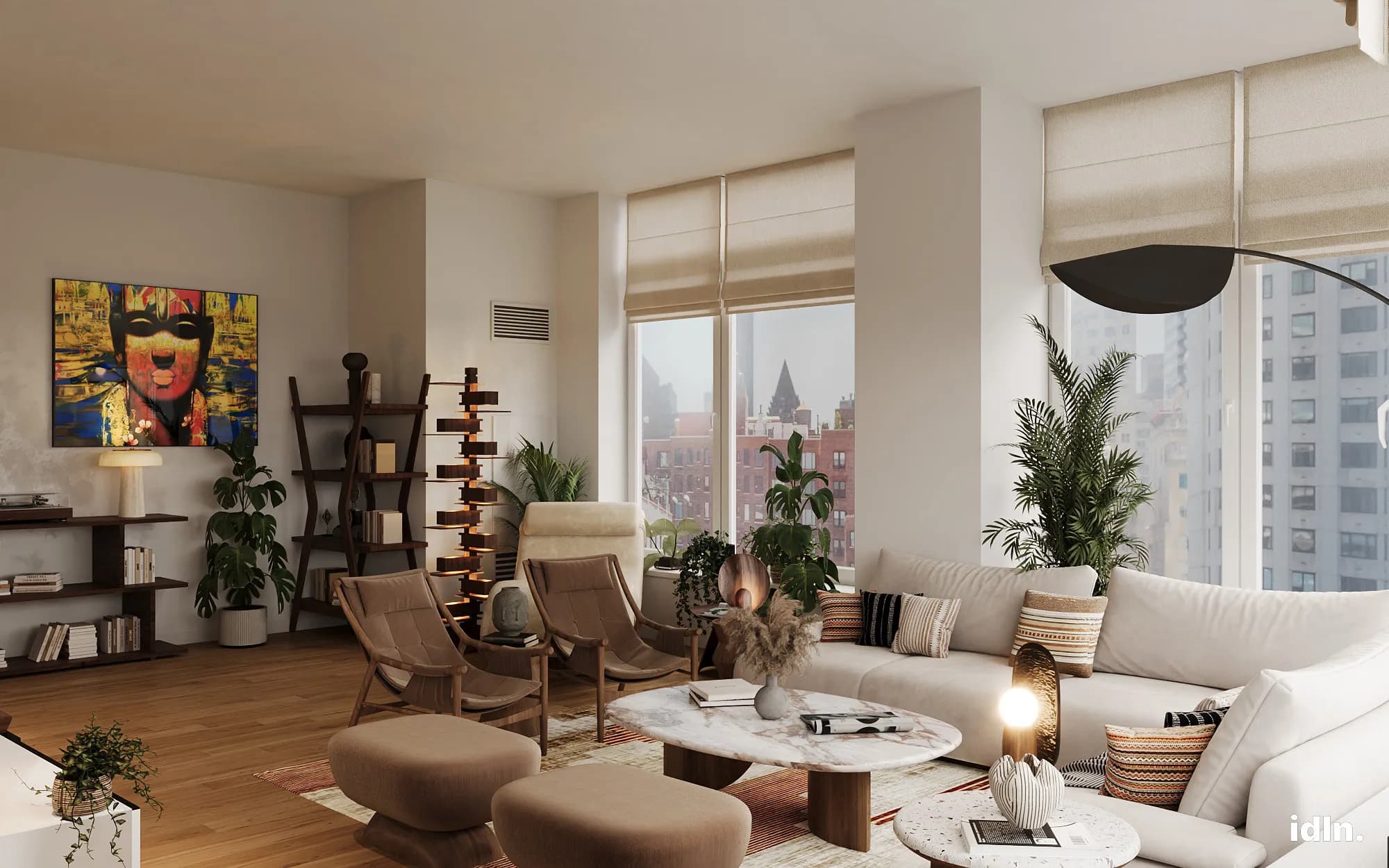 This is an open concept apartment in Miami, living and dining area, a fusion of industrial, indian and japanese style