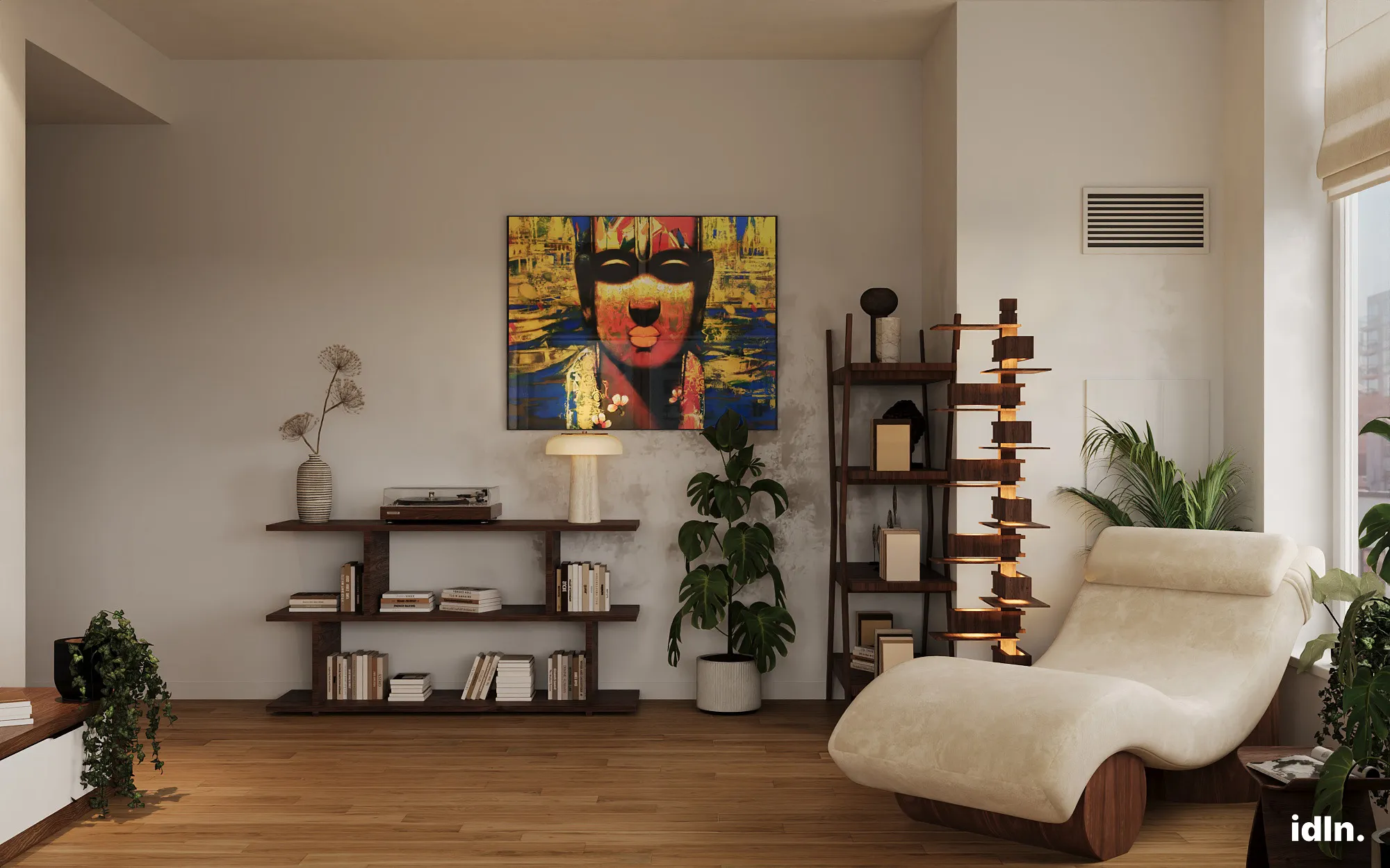 This is an open concept apartment in Miami, living and dining area, a fusion of industrial, indian and japanese style
