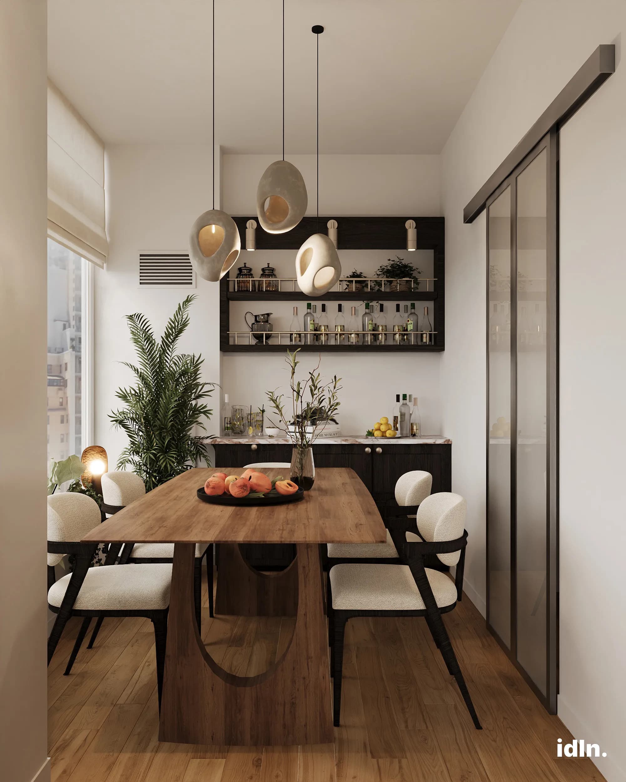This is an open concept apartment in Miami, living and dining area, a fusion of industrial, indian and japanese style