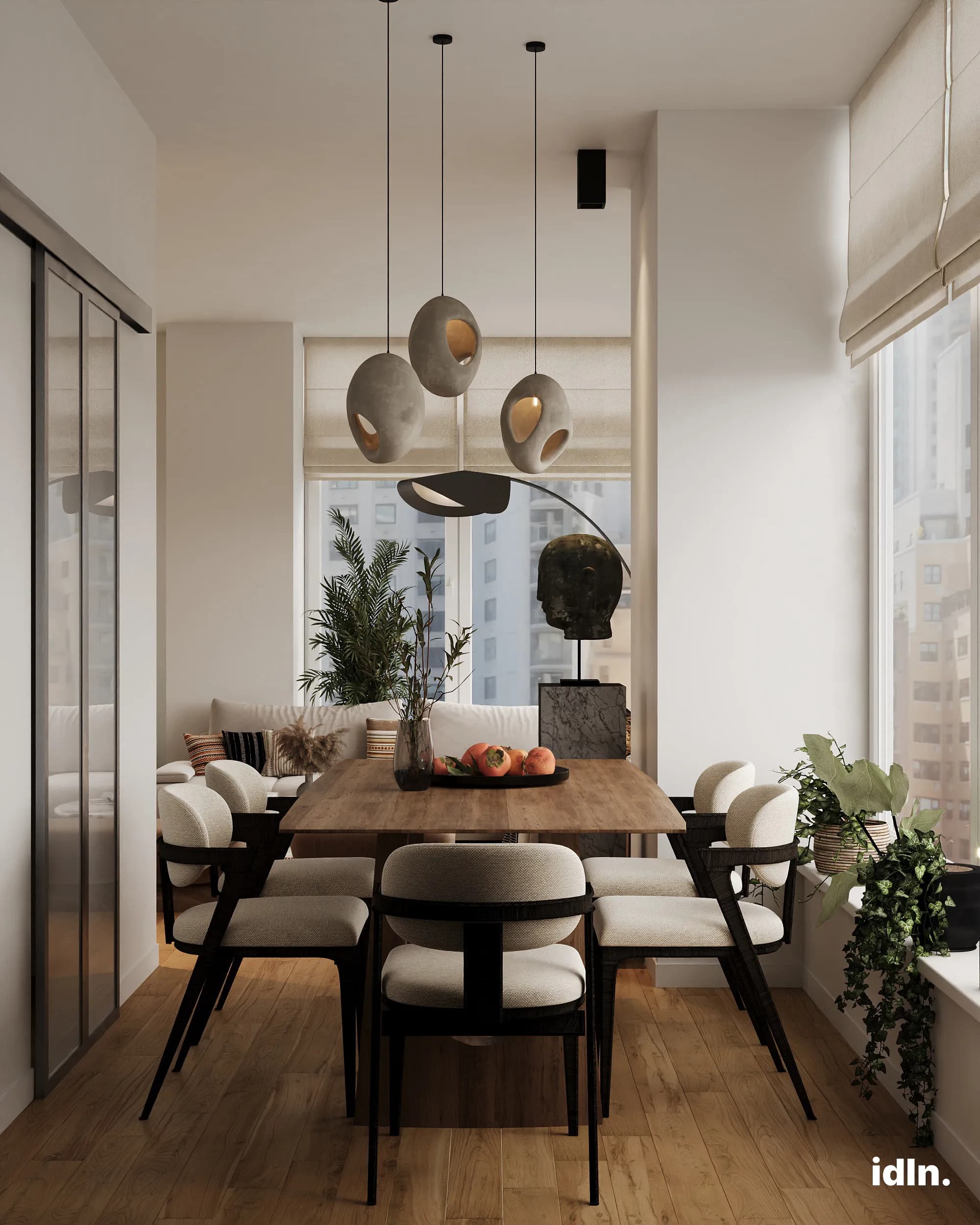 This is an open concept apartment in Miami, living and dining area, a fusion of industrial, indian and japanese style