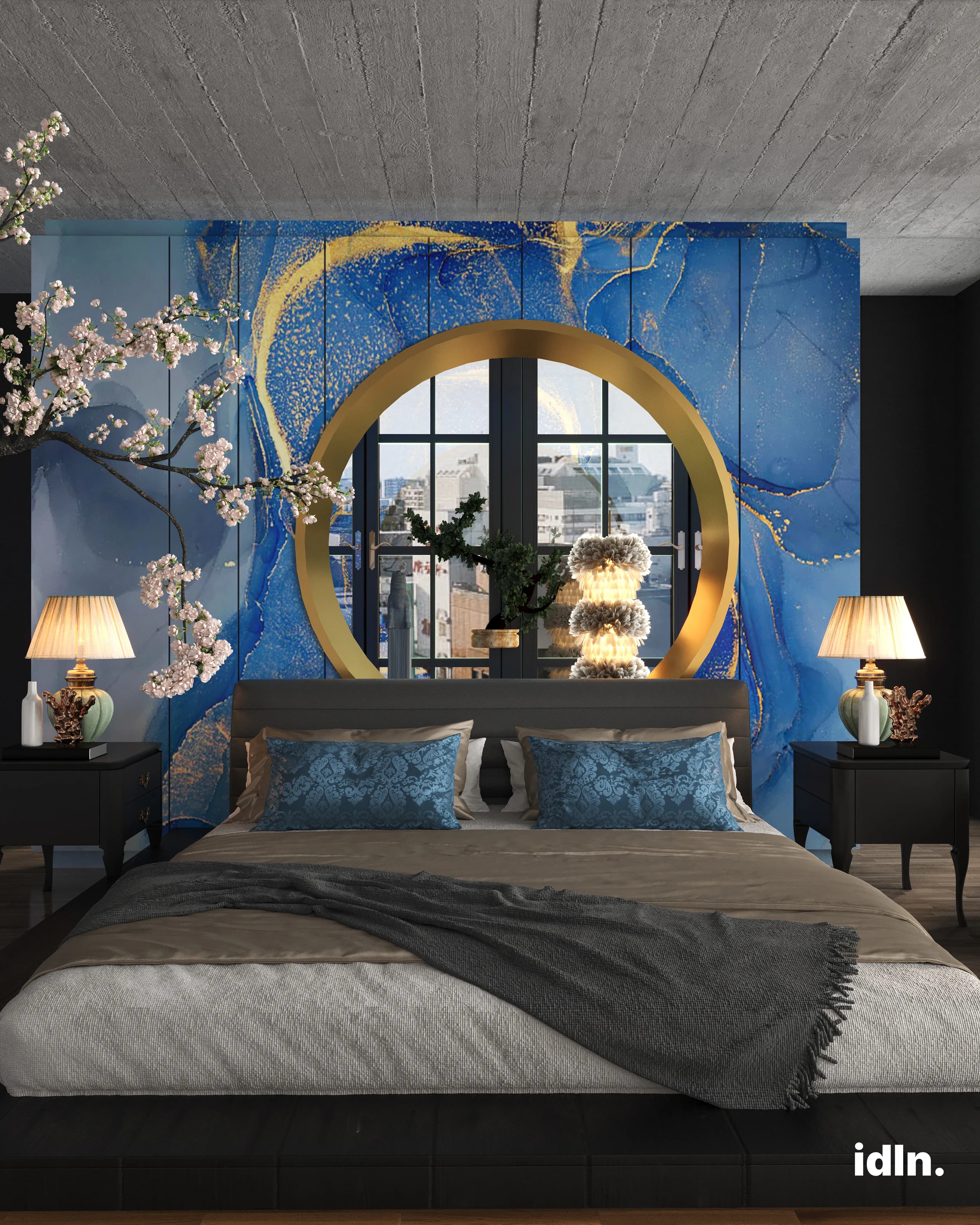 This is a picture of a modern luxury japanese bedroom, blue accents, gold accents