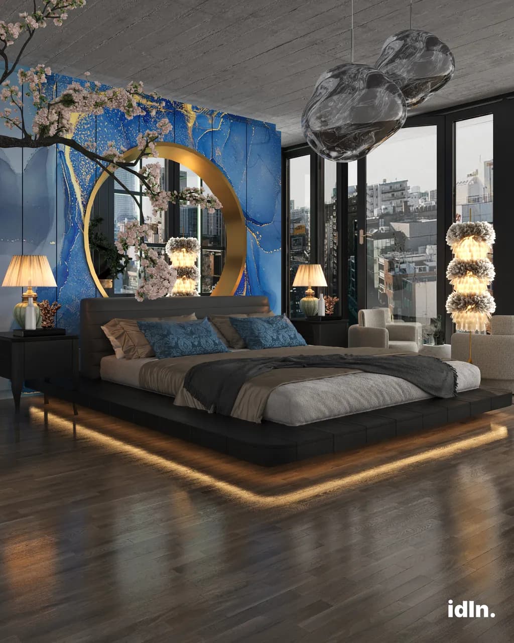 This is a picture of a modern luxury japanese bedroom, blue accents, gold accents