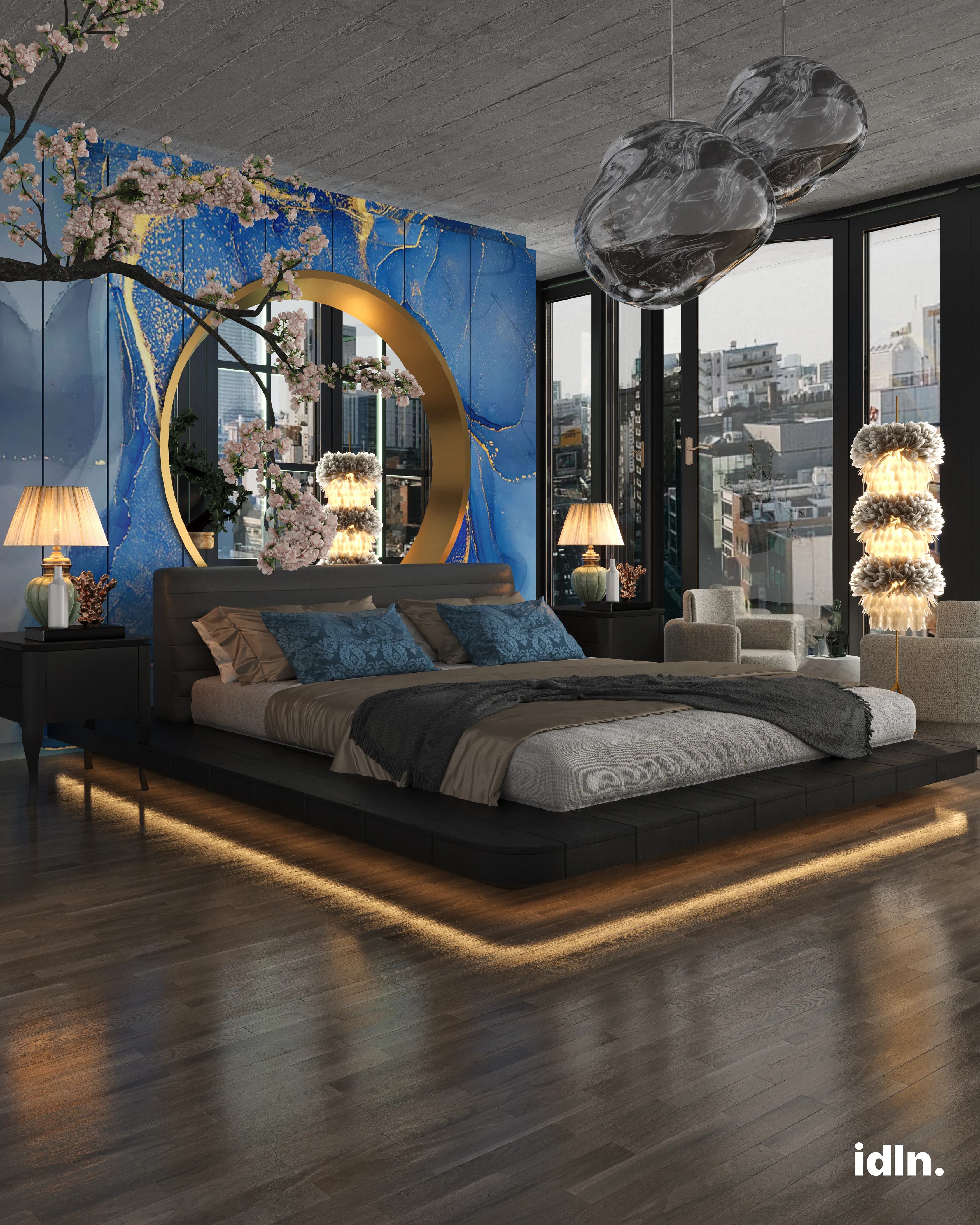 This is a picture of a modern luxury japanese bedroom, blue accents, gold accents