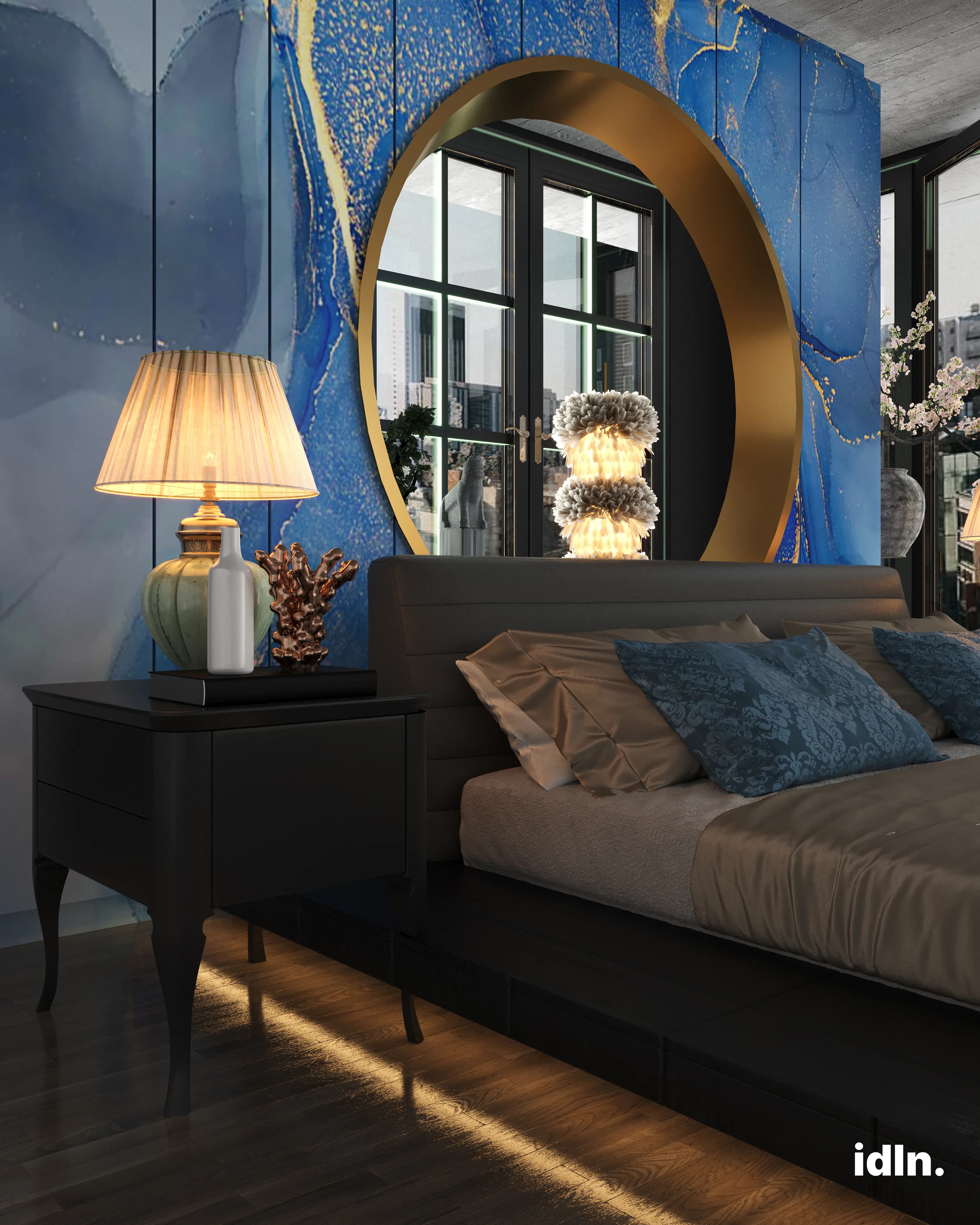 This is a picture of a modern luxury japanese bedroom, blue accents, gold accents, bedside table, lamp