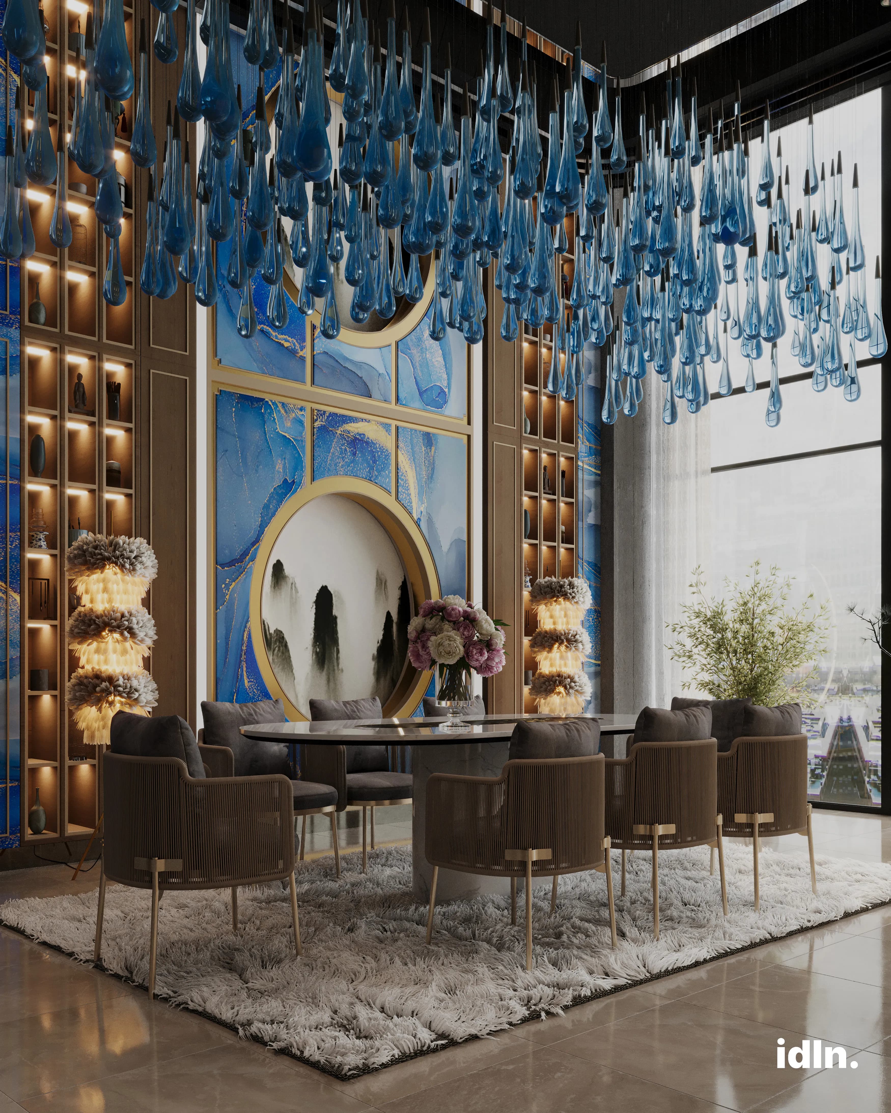This is a picture of a modern luxury japanese dining room, glass teardrop chandelier, blue and gold accents