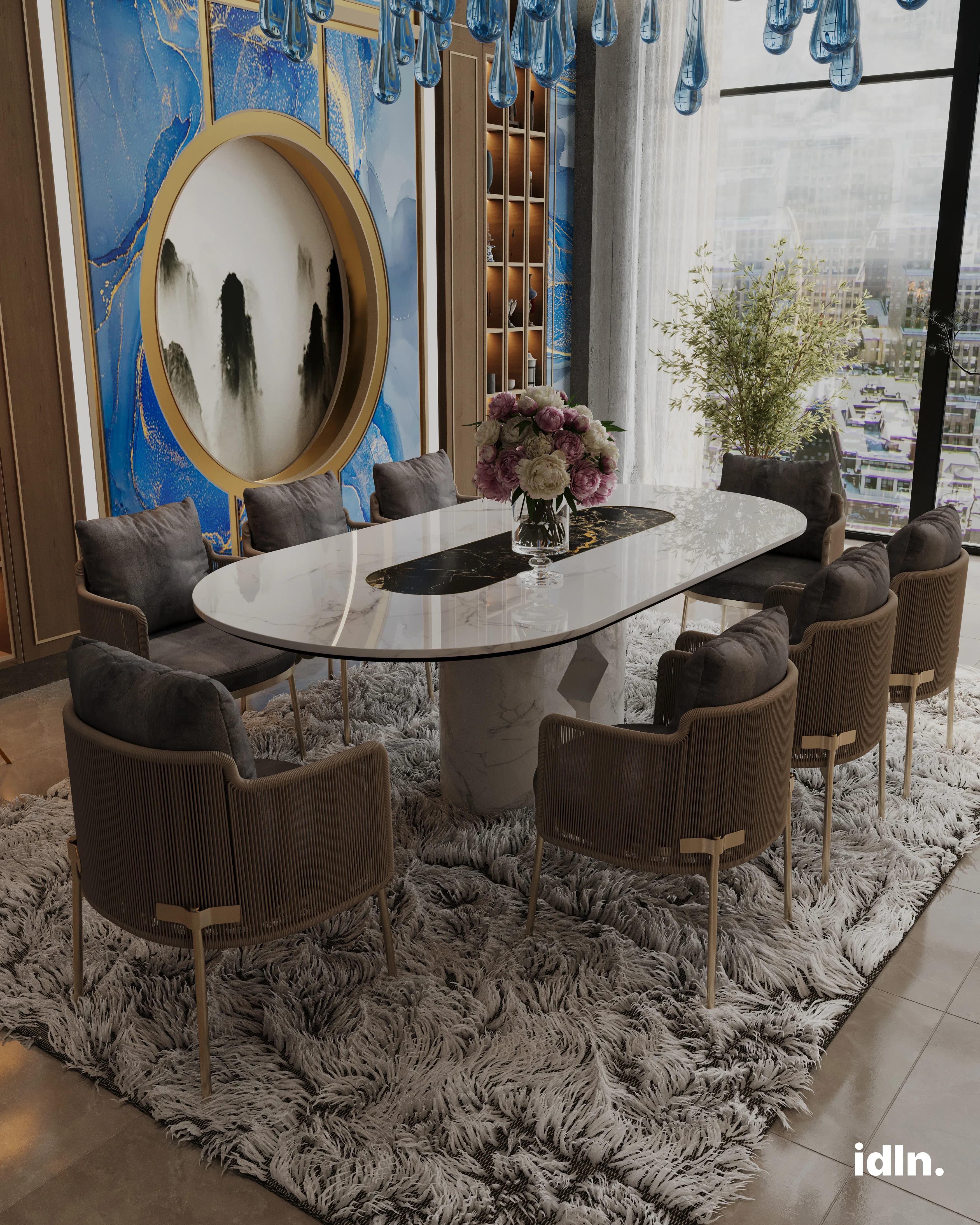 This is a picture of a modern luxury japanese dining room, glass teardrop chandelier, blue and gold accents