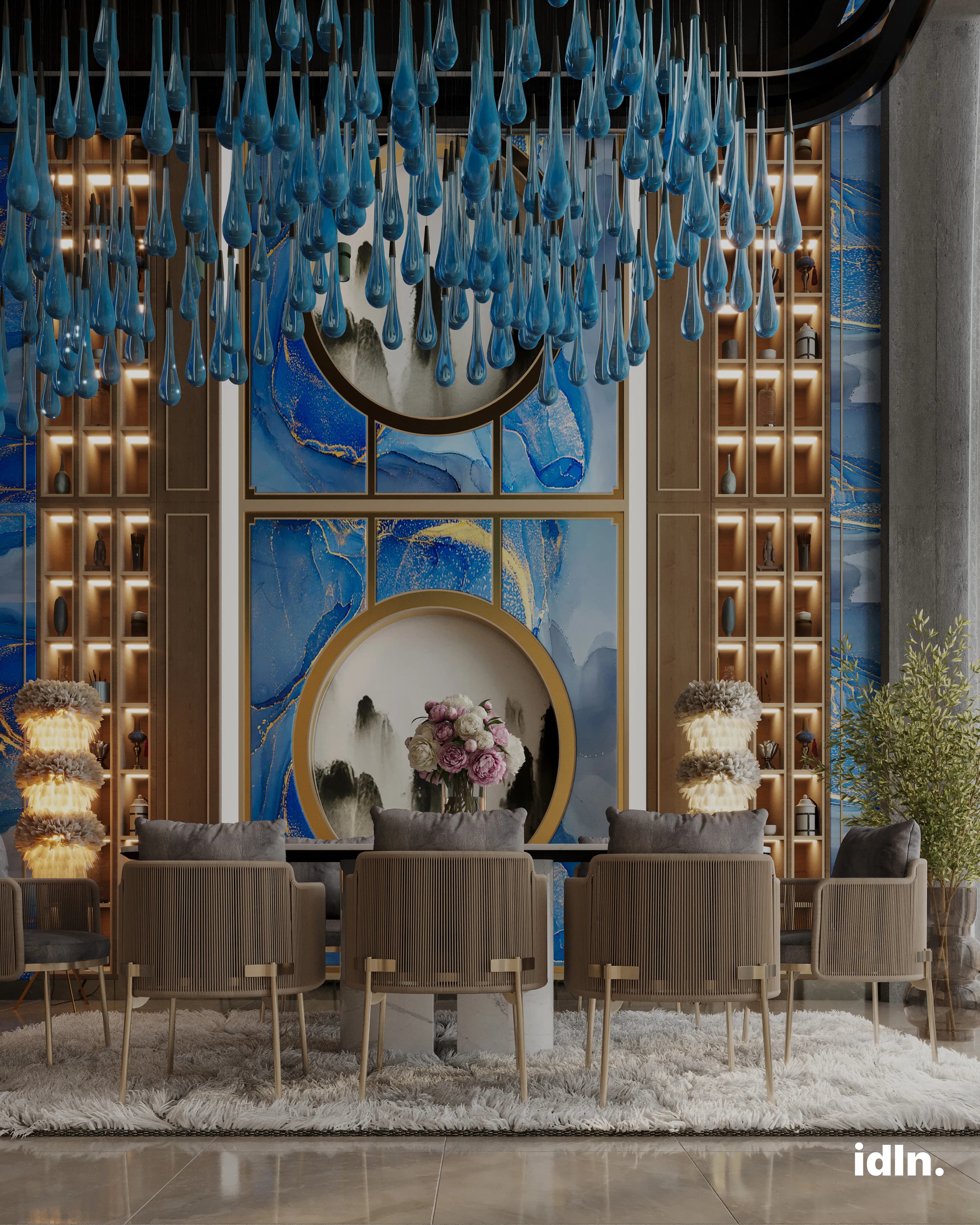 This is a picture of a modern luxury japanese dining room, glass teardrop chandelier, blue and gold accents