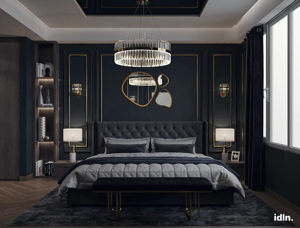 This is a picture of a dark modern luxury bedroom area