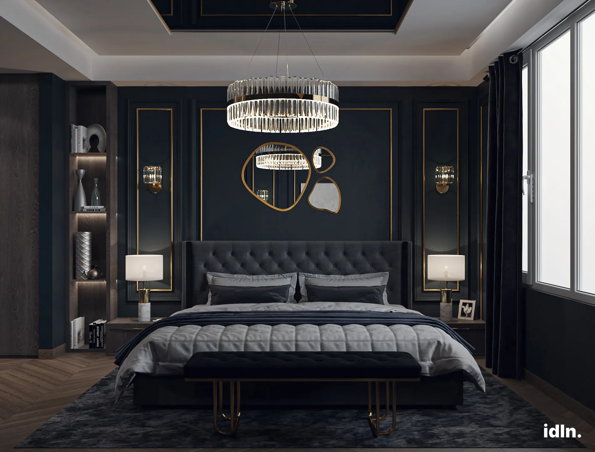 This is a picture of a dark modern luxury bedroom area