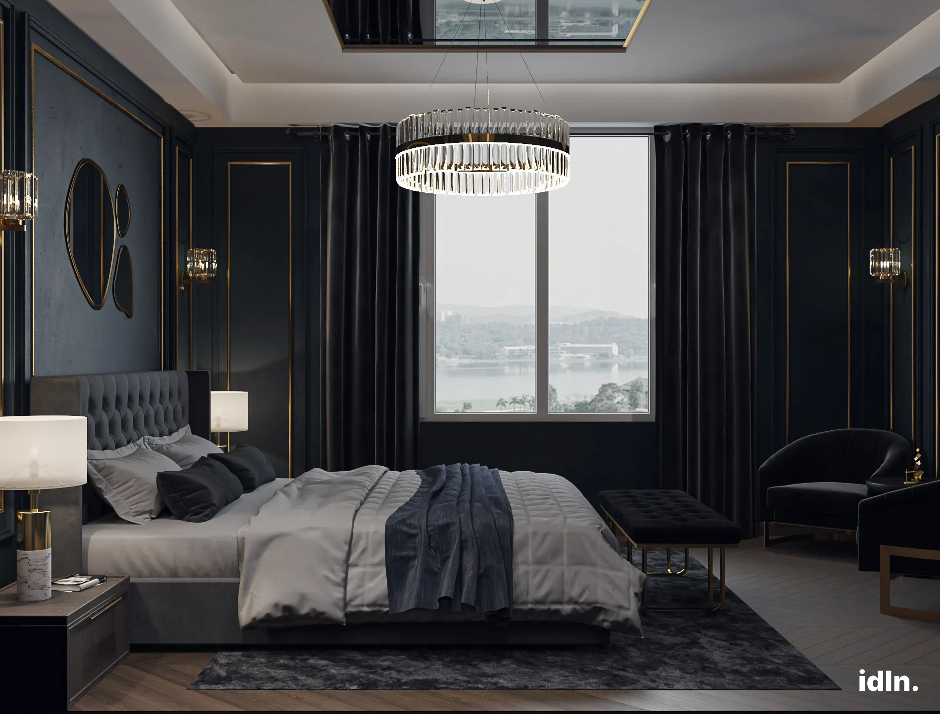 This is a picture of a dark modern luxury bedroom area