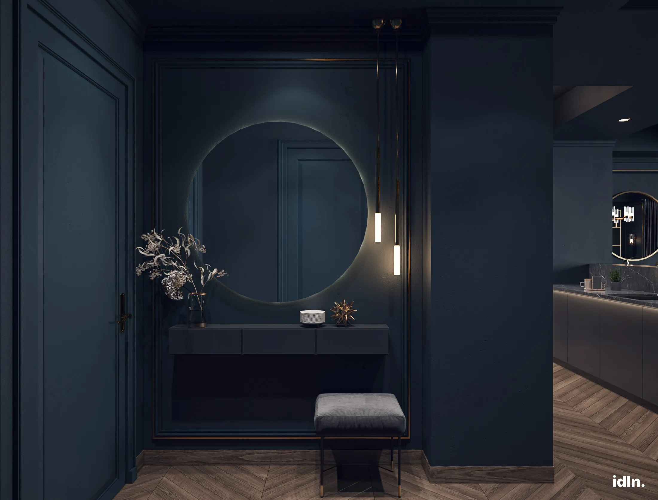This is a picture of a dark modern luxury foyer