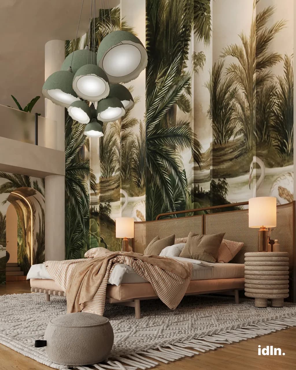This is a picture of a modern luxury jungle inspired bedroom