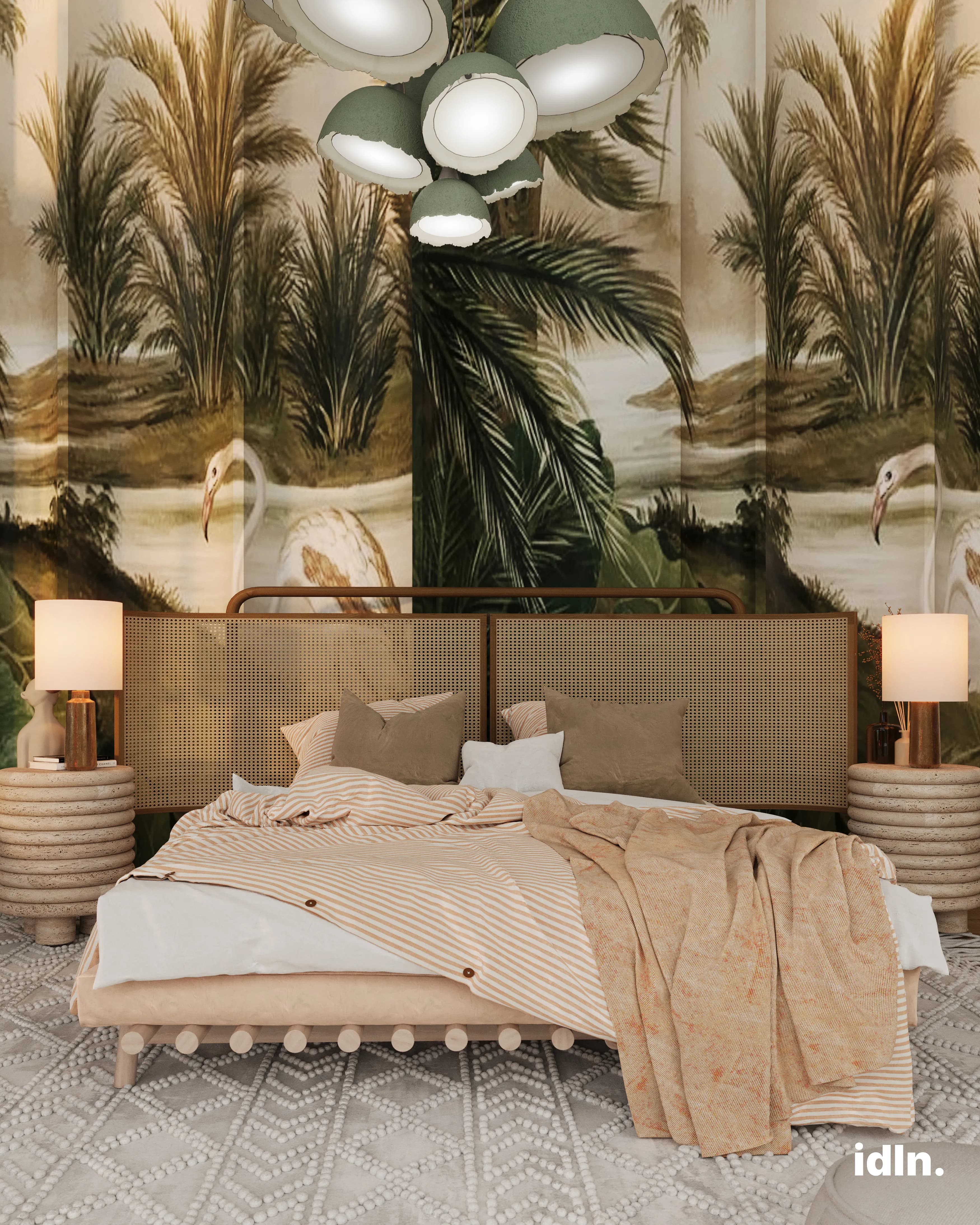 This is a picture of a modern luxury jungle inspired bedroom