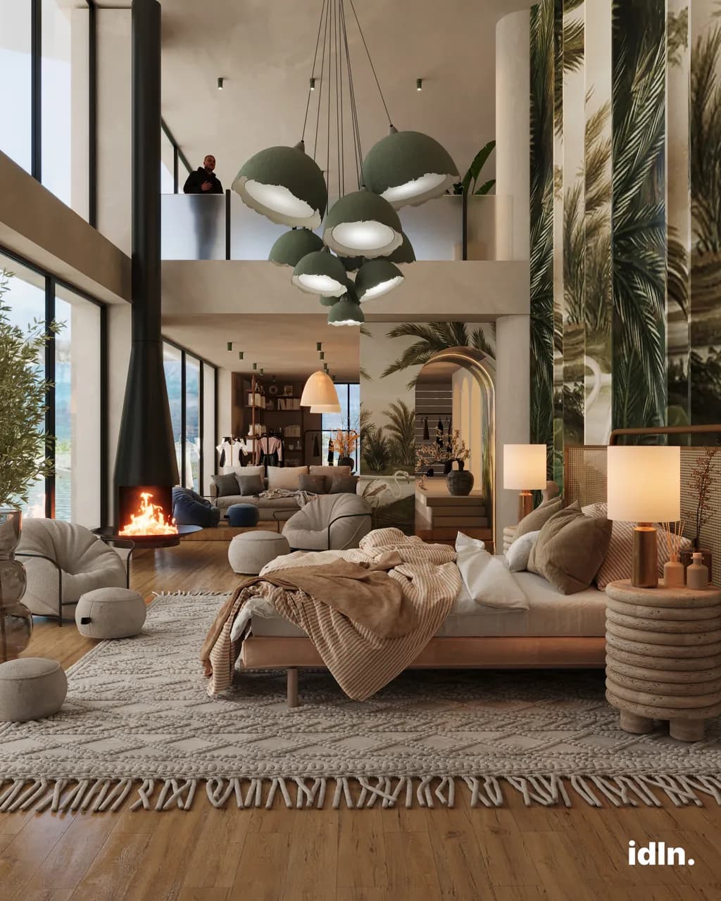 This is a picture of a modern luxury jungle inspired bedroom