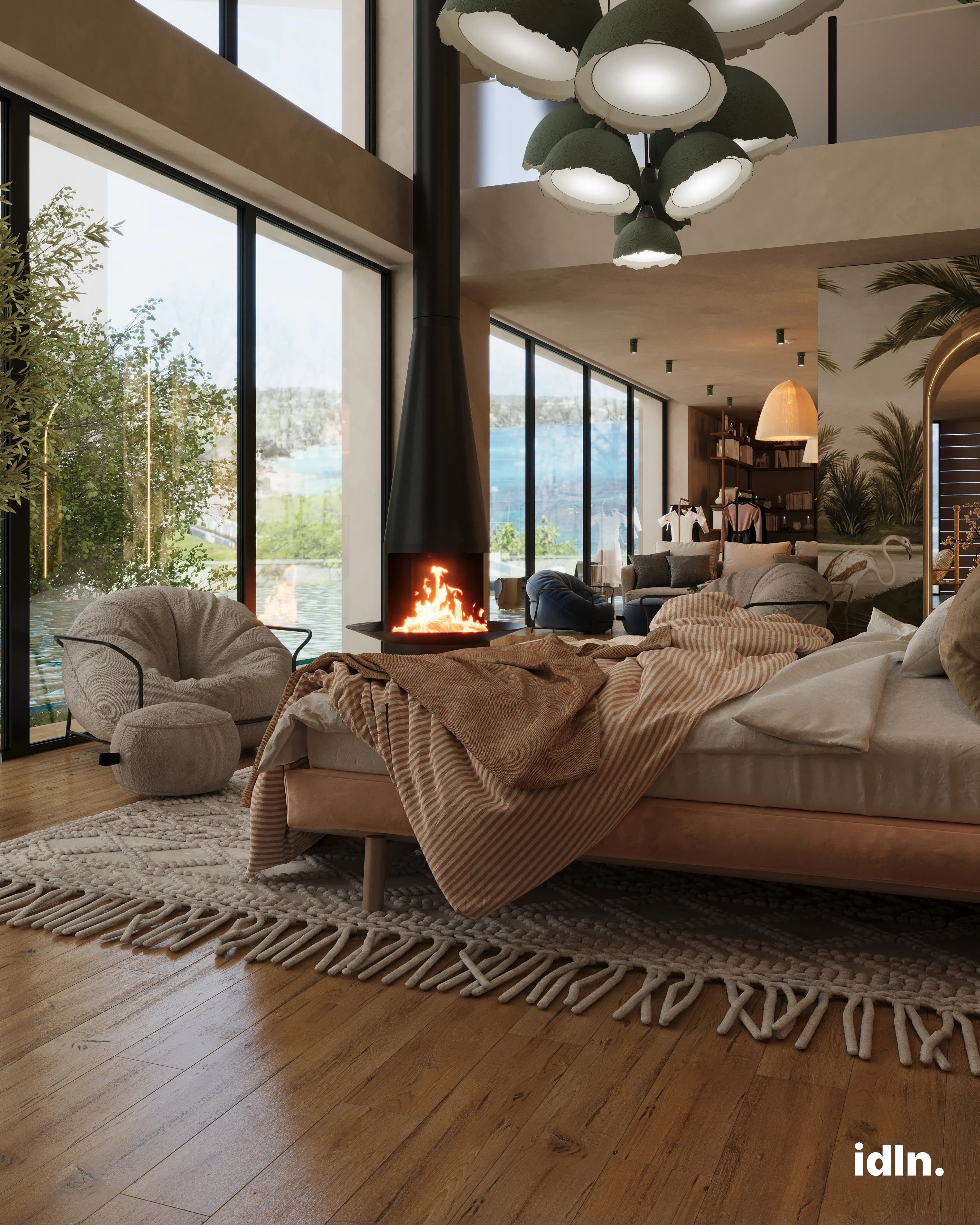 This is a picture of a modern luxury jungle inspired bedroom