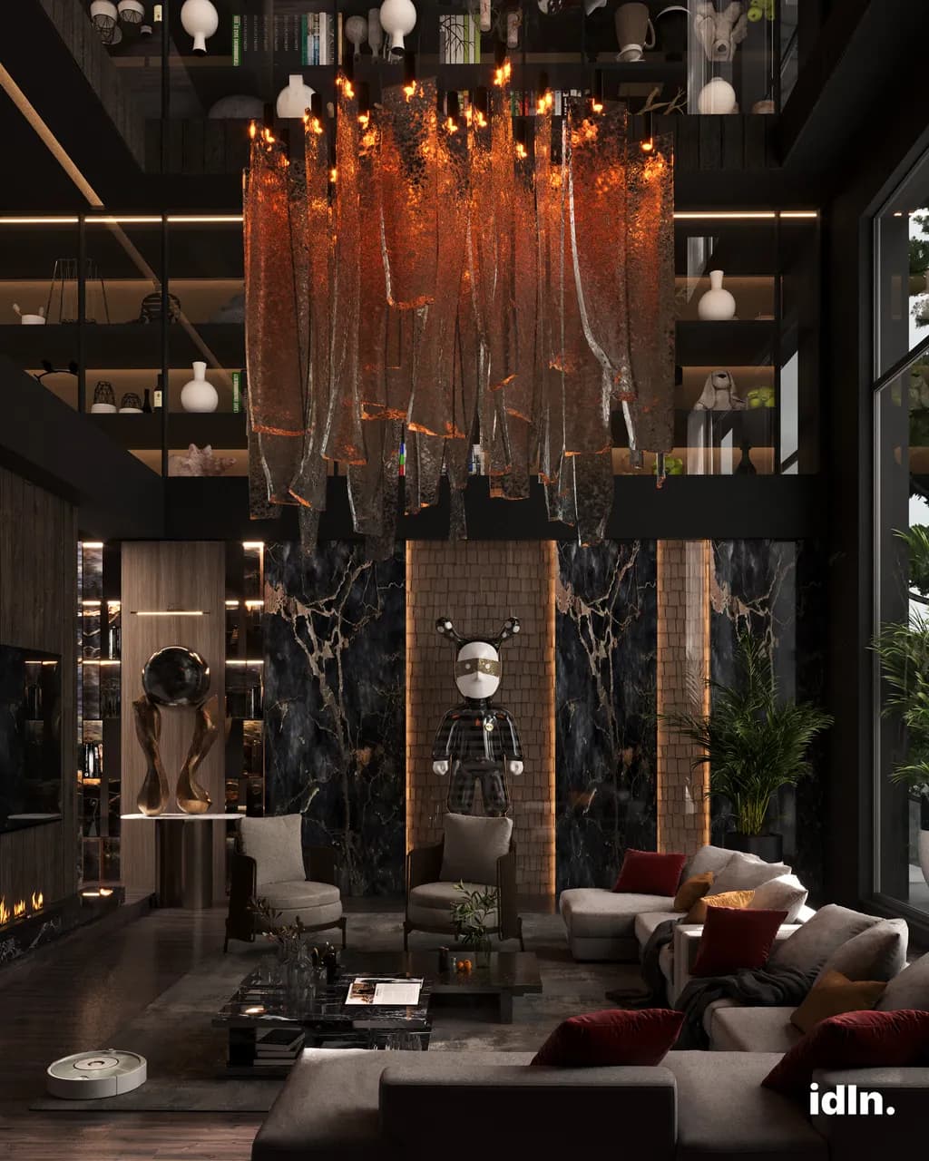 This is a picture of a modern luxury living area, red and orange accent colors, marble materials, fireplace, statues