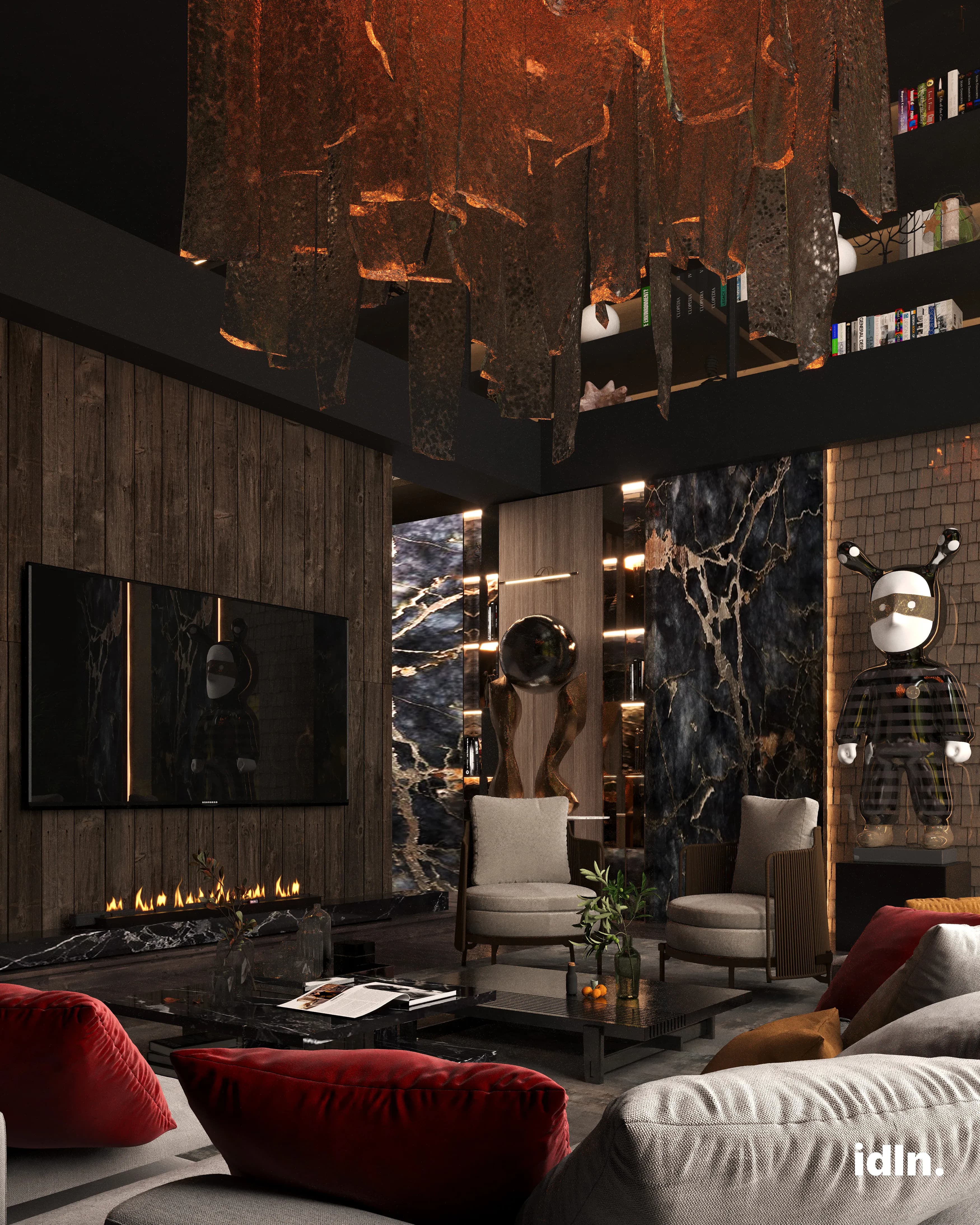 This is a picture of a modern luxury living area, red and orange accent colors, marble materials, fireplace, statues