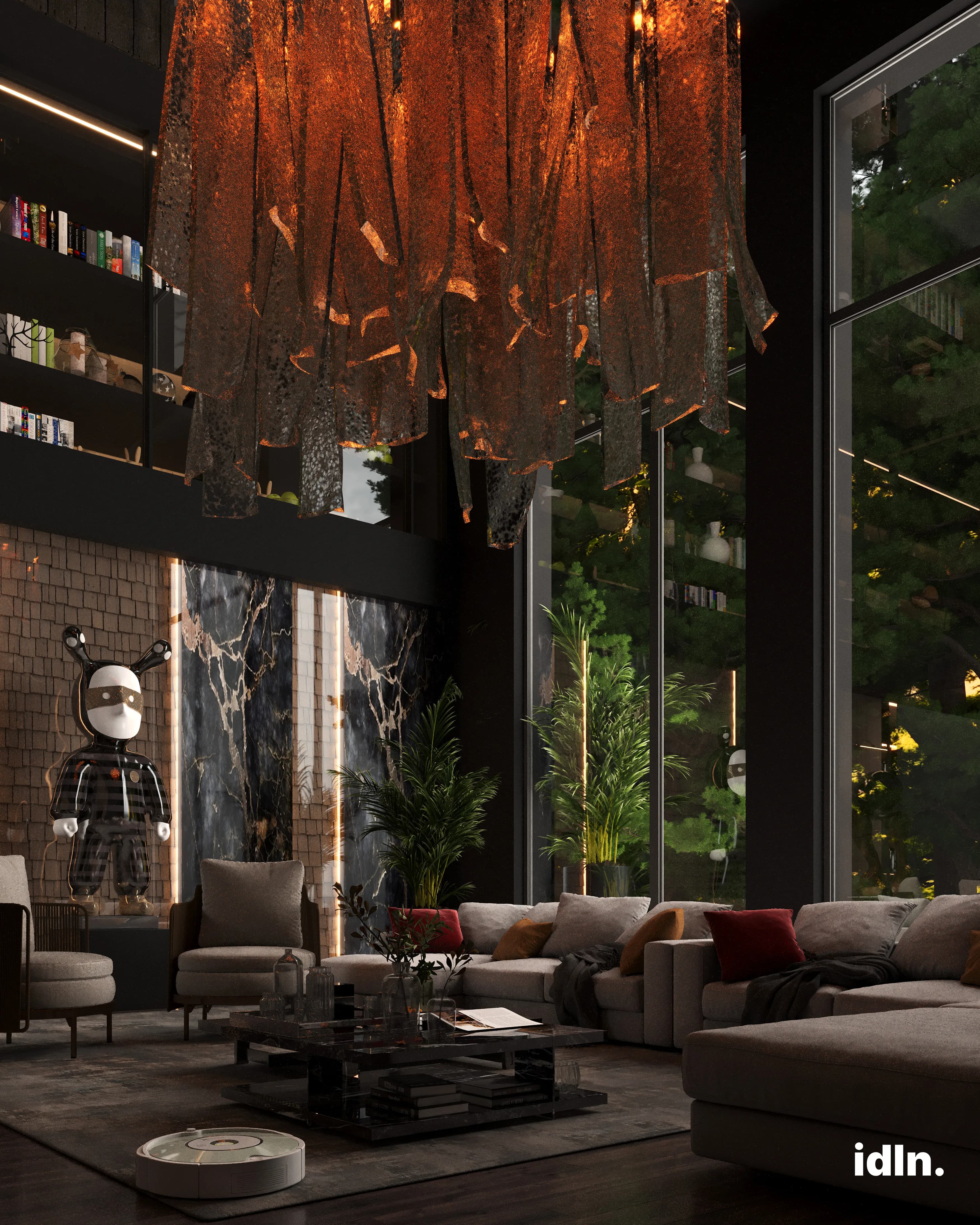This is a picture of a modern luxury living area, red and orange accent colors, marble materials, fireplace, statues