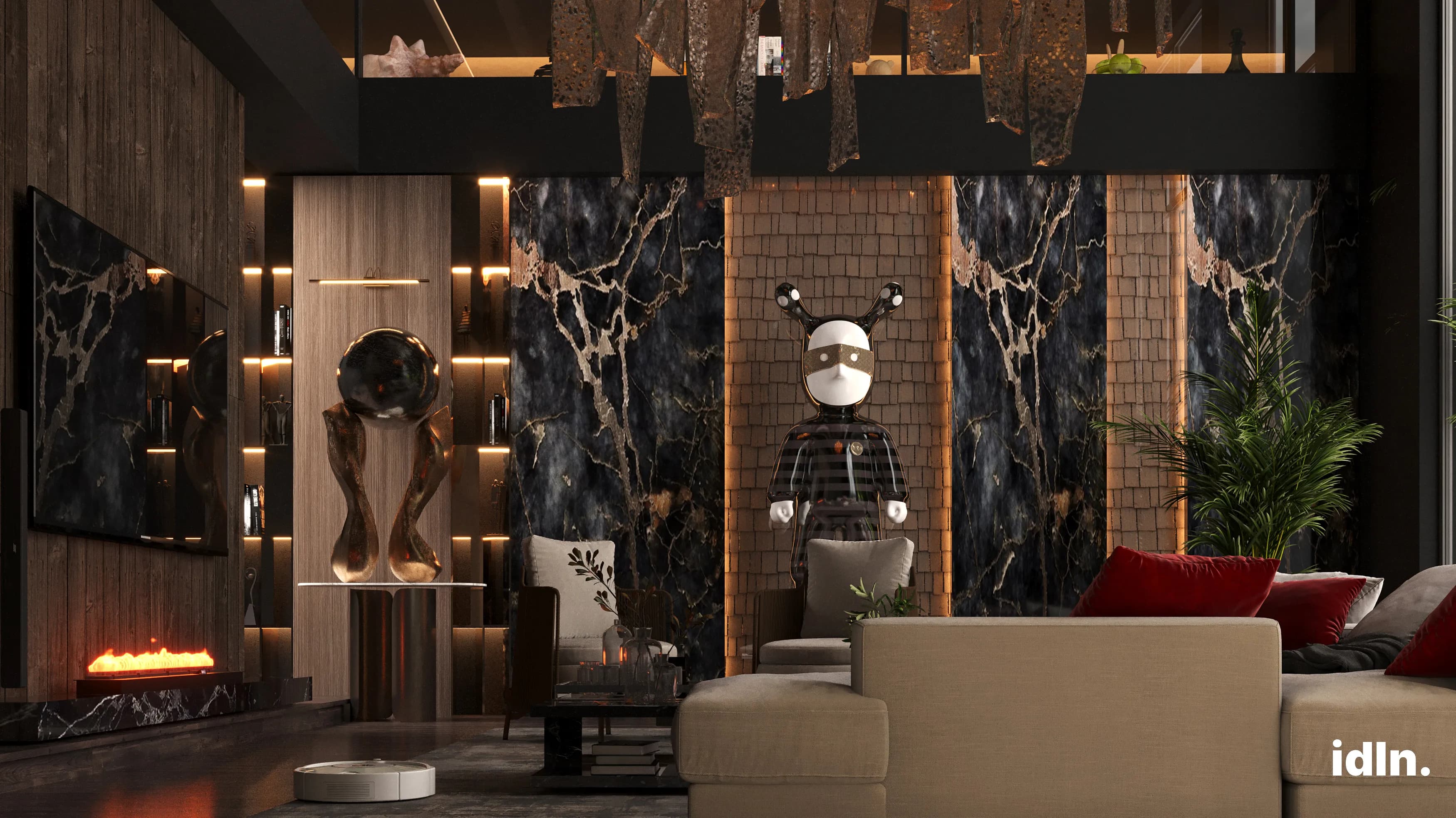 This is a picture of a modern luxury living area, red and orange accent colors, marble materials, fireplace, statues