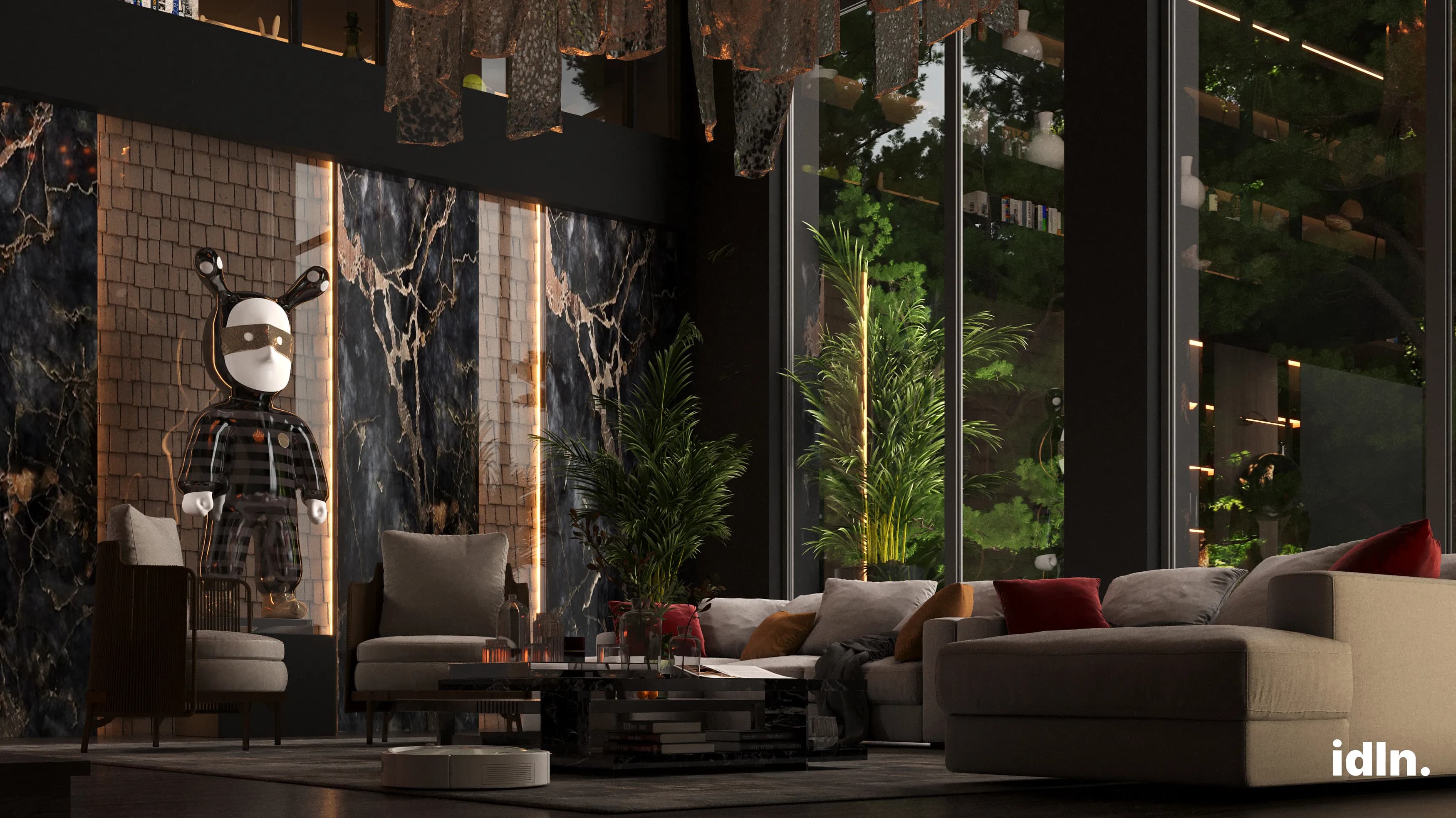This is a picture of a modern luxury living area, red and orange accent colors, marble materials, fireplace, statues