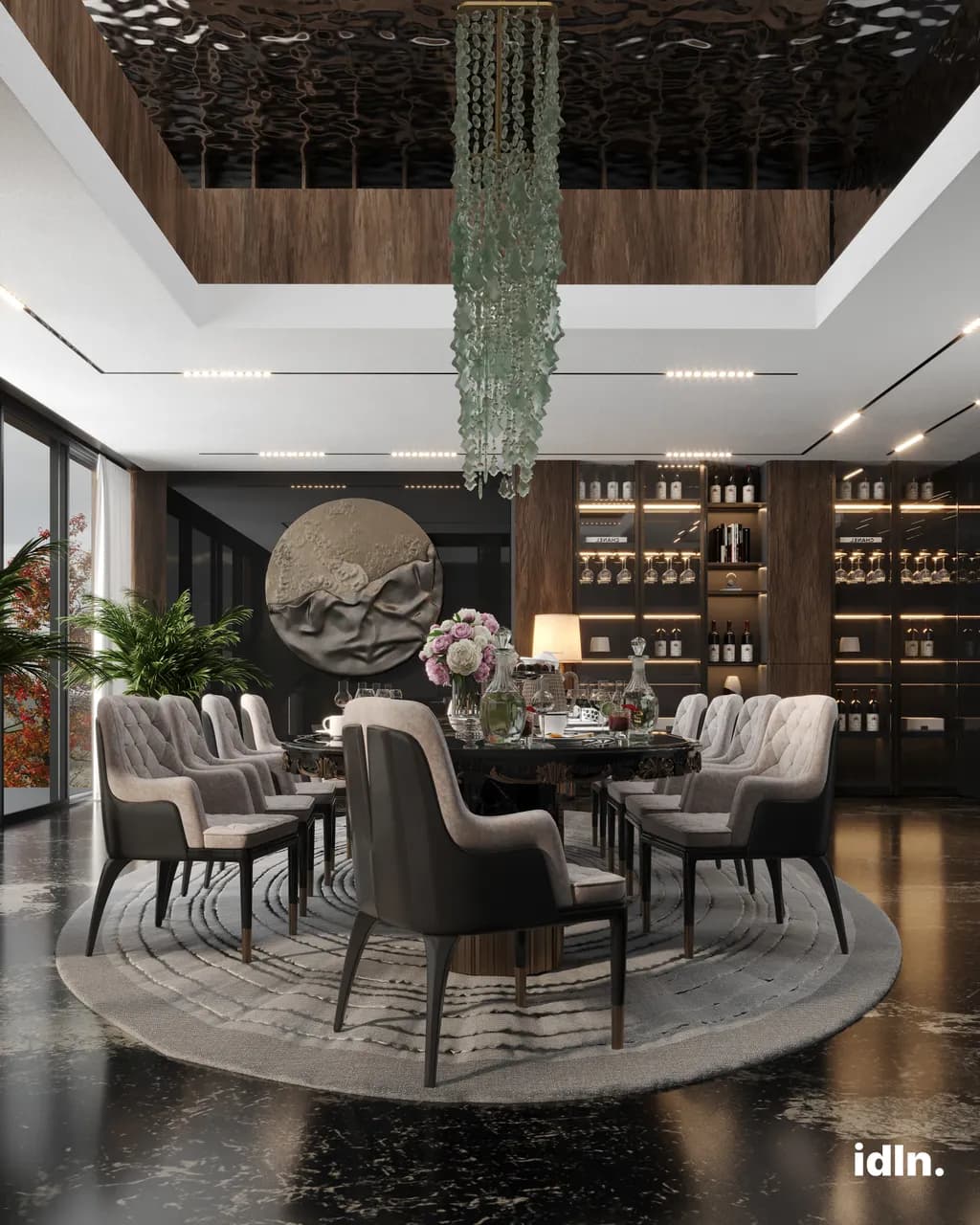 This is a picture of a modern luxury dining room, fully furnished, chandelier, wooden accents, marble flooring