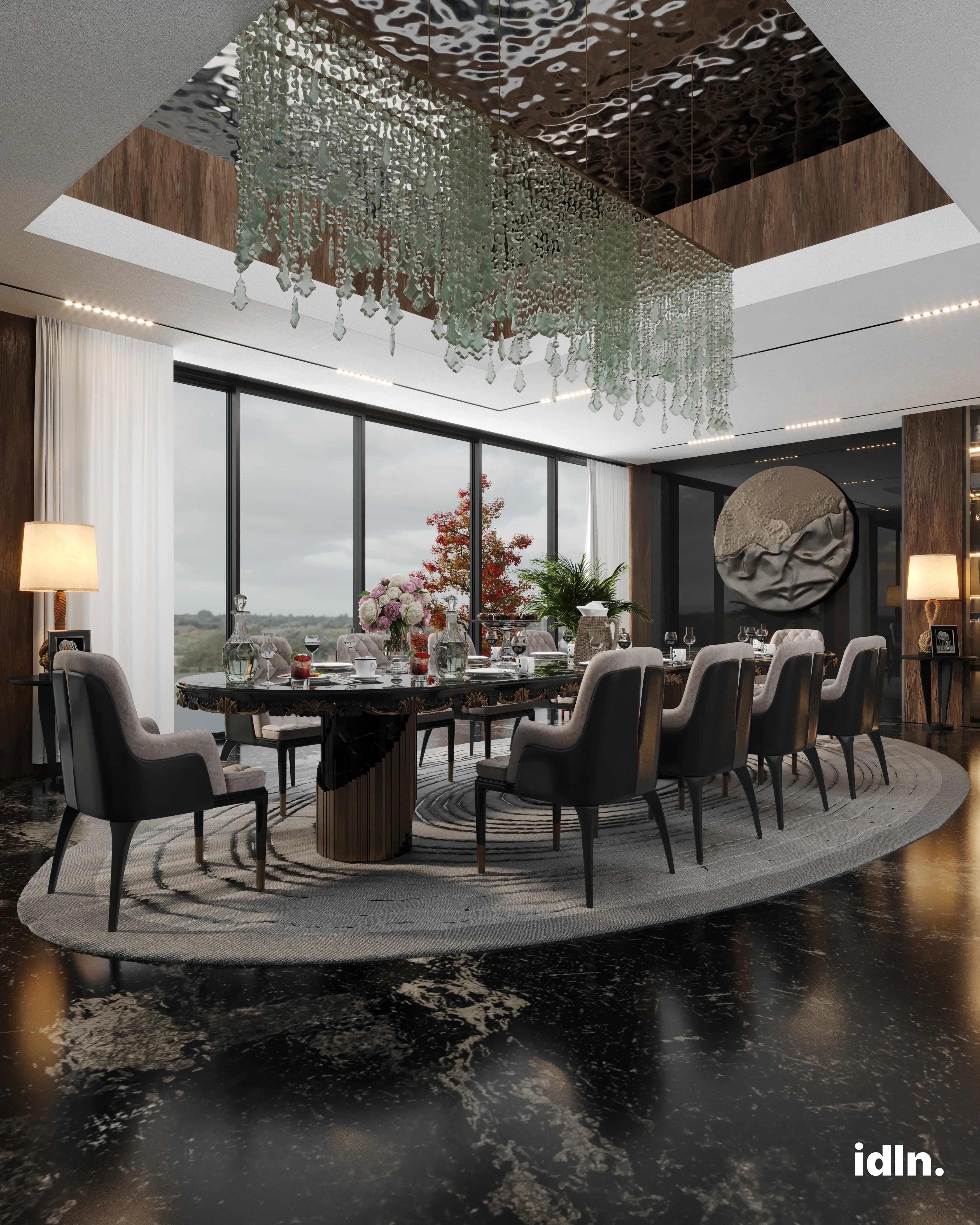This is a picture of a modern luxury dining room, fully furnished, chandelier, wooden accents, marble flooring