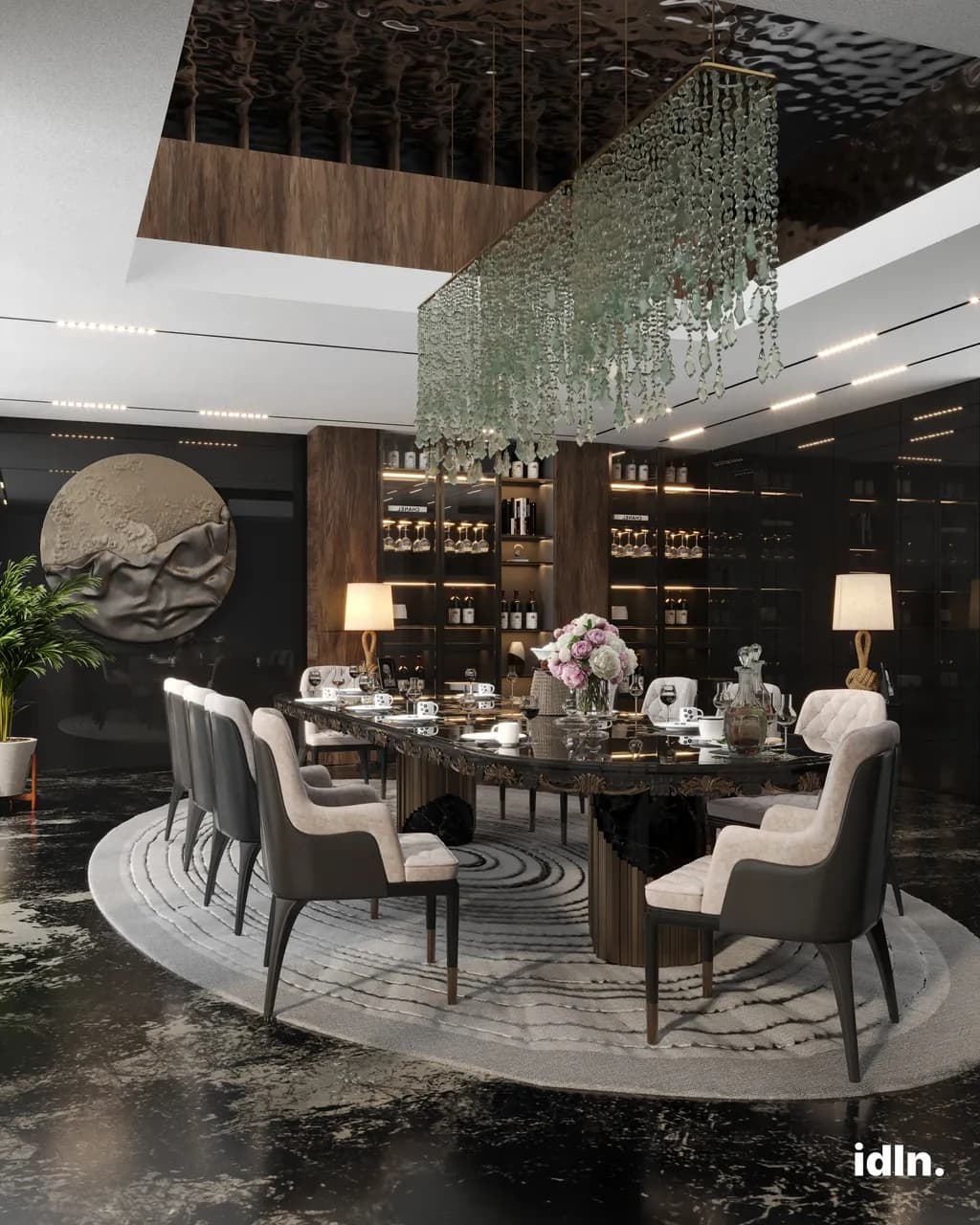 This is a picture of a modern luxury dining room, fully furnished, chandelier, wooden accents, marble flooring