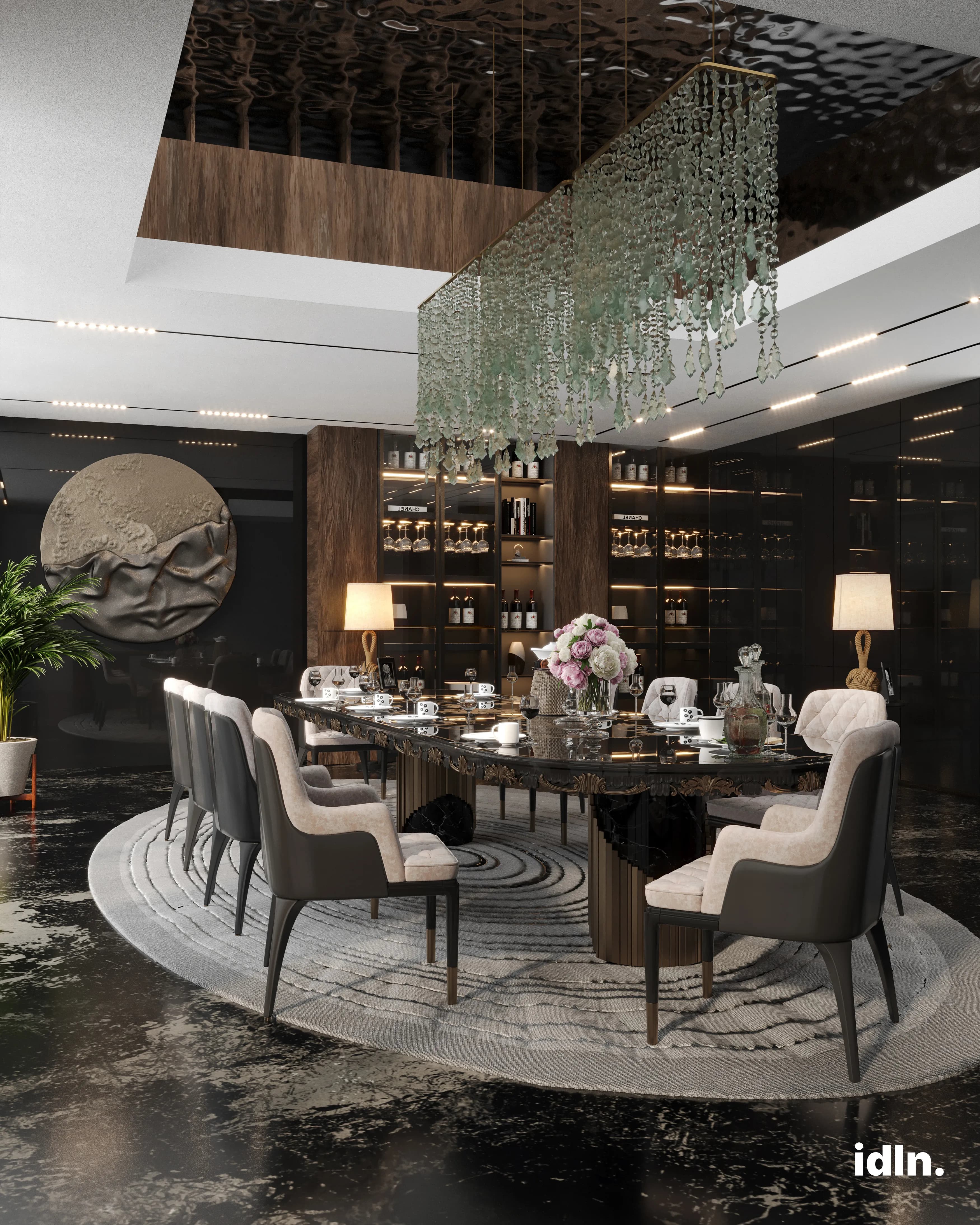 This is a picture of a modern luxury dining room, fully furnished, chandelier, wooden accents, marble flooring