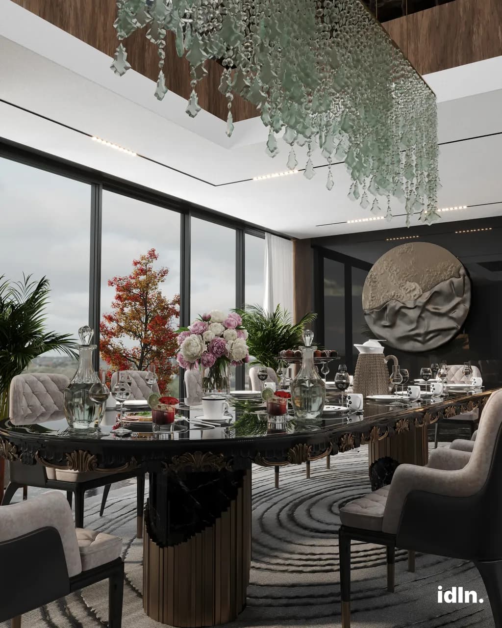 This is a picture of a modern luxury dining room, fully furnished, chandelier, wooden accents, marble flooring
