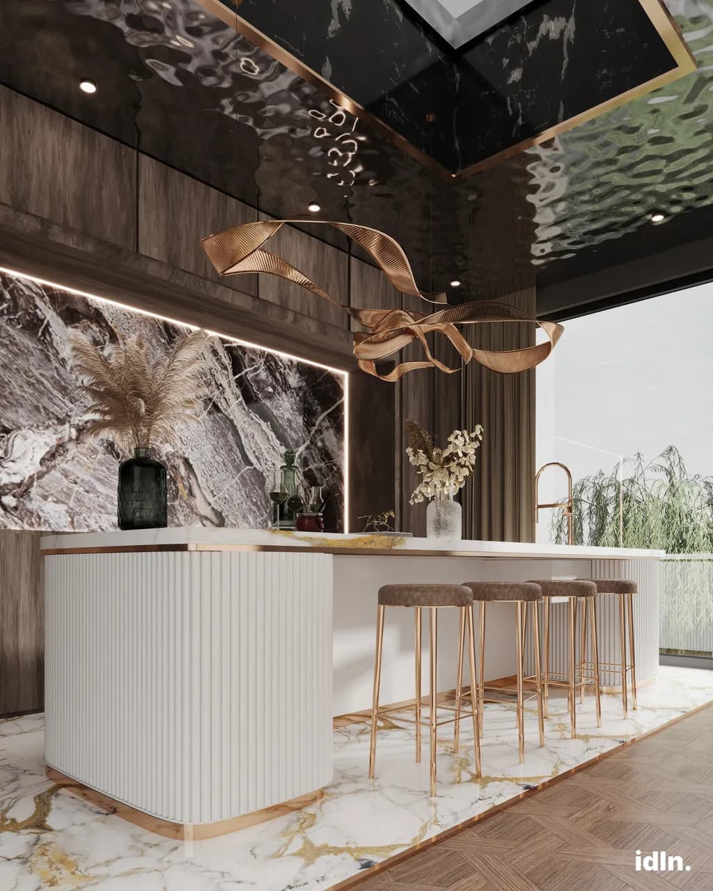 This is an image of a modern luxury kitchen, marble countertops, metallic accents