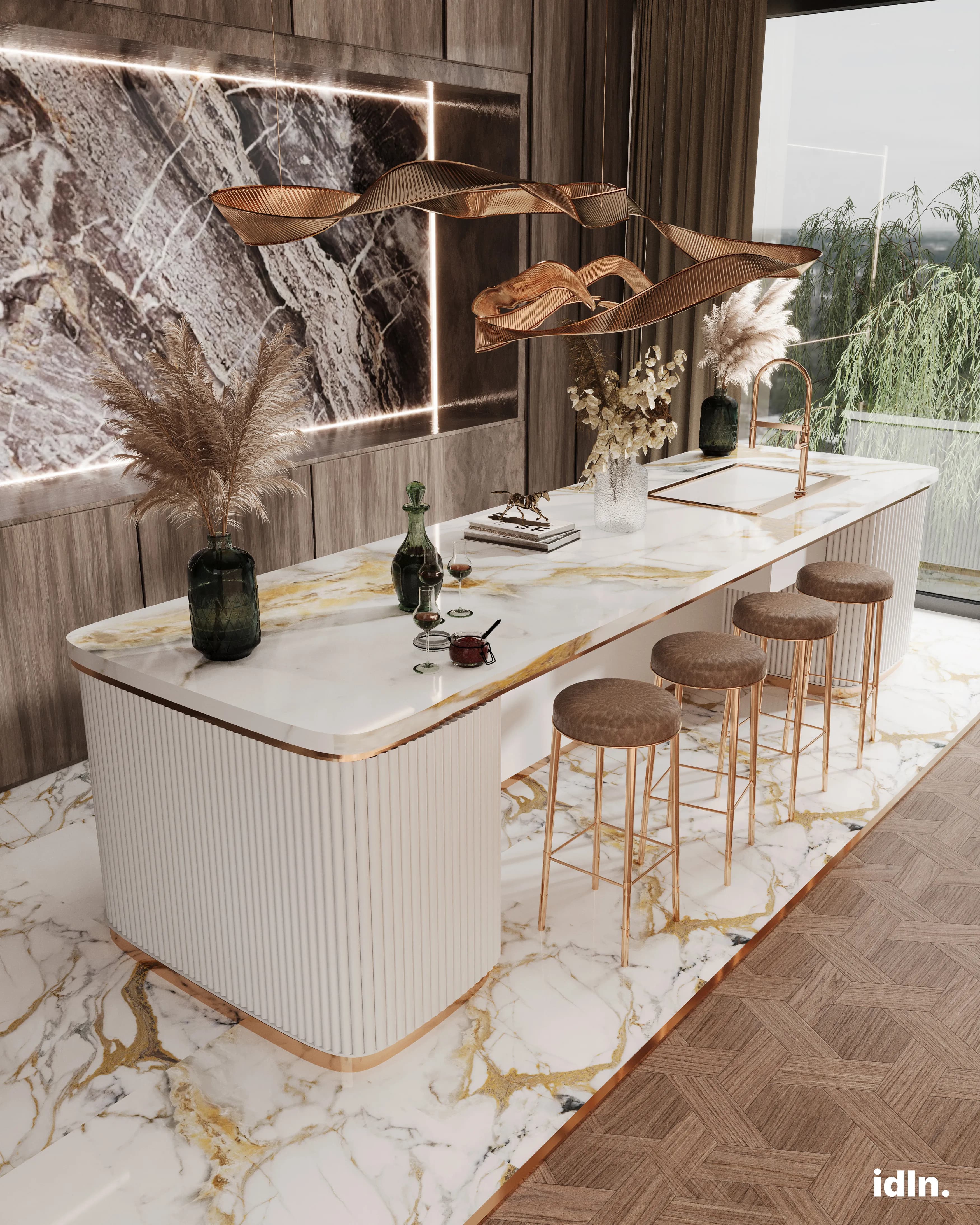modern luxury kitchen, marble countertops, metallic accents