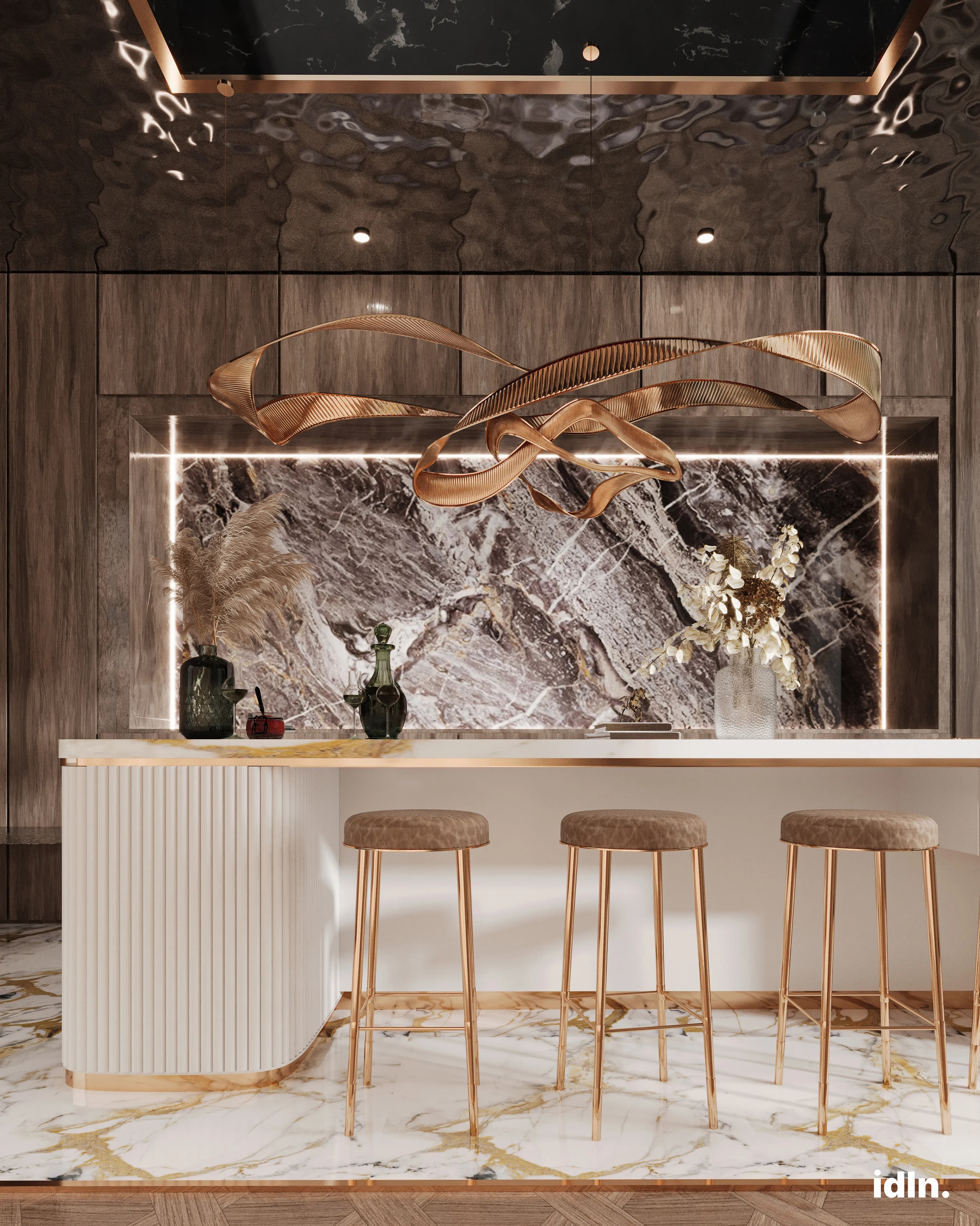 This is an image of a modern luxury kitchen, marble countertops, metallic accents
