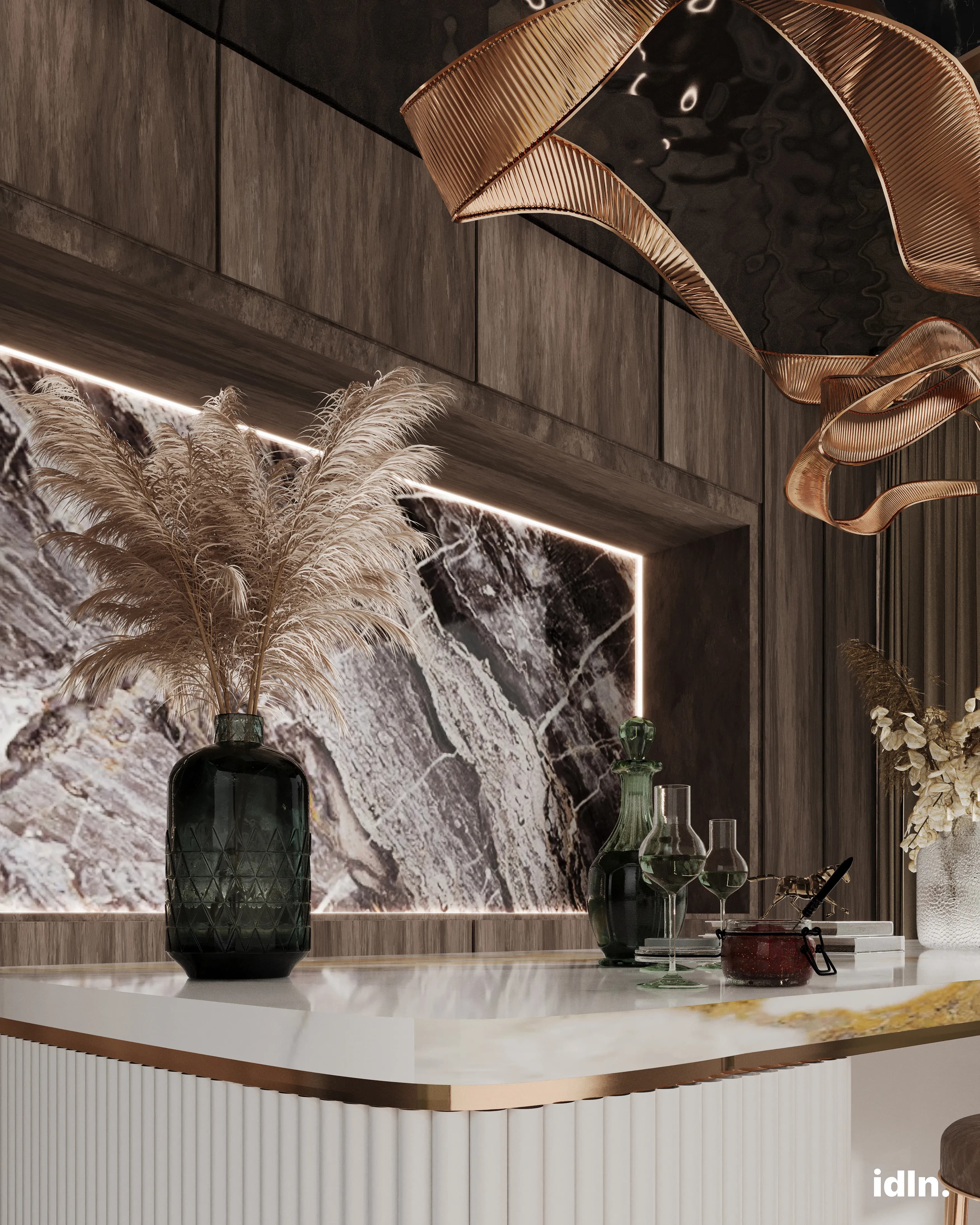 marble countertop, metallic accents, gold and white