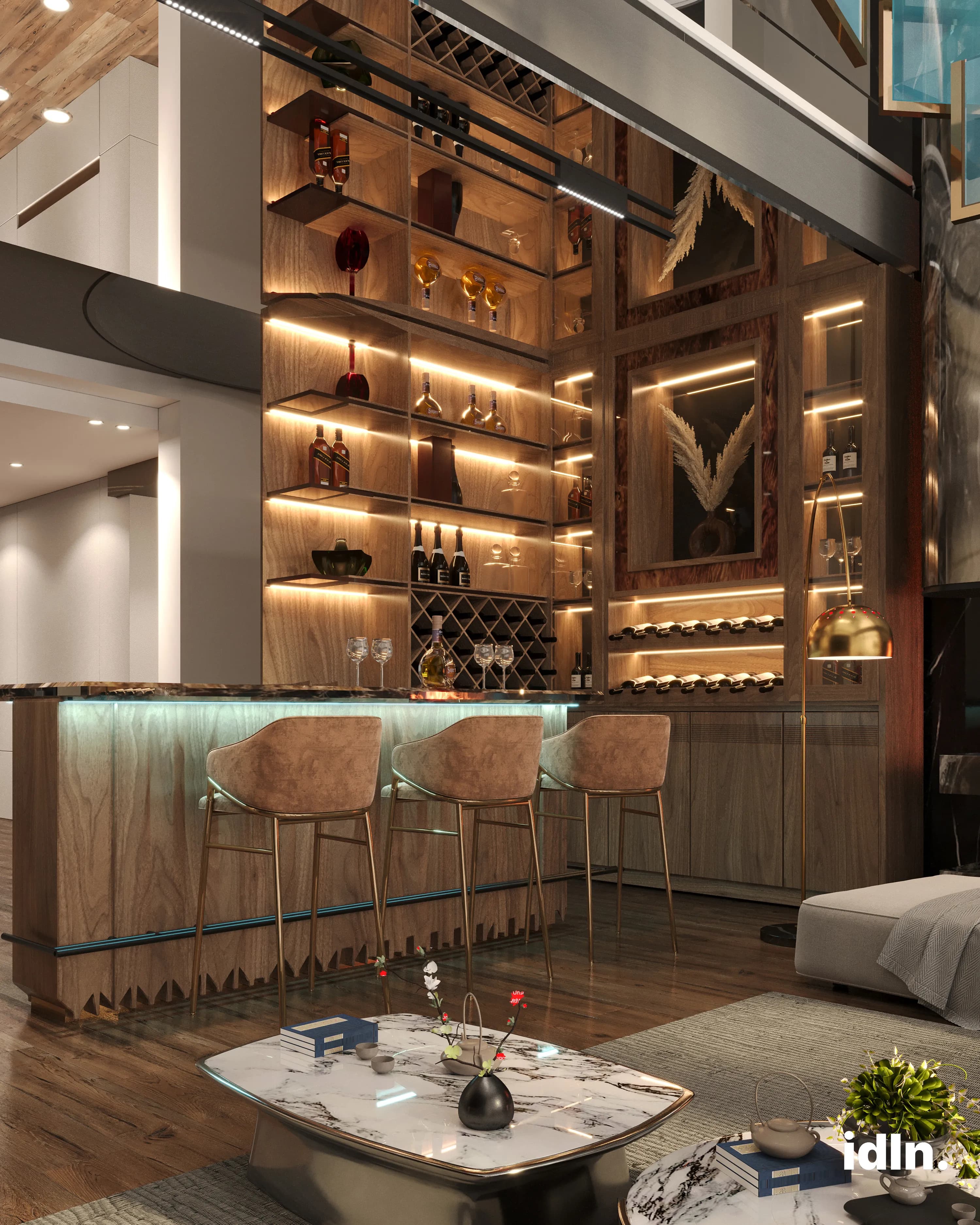 This is a picture of an open concpet living and bar area, fireplace, earthy tones