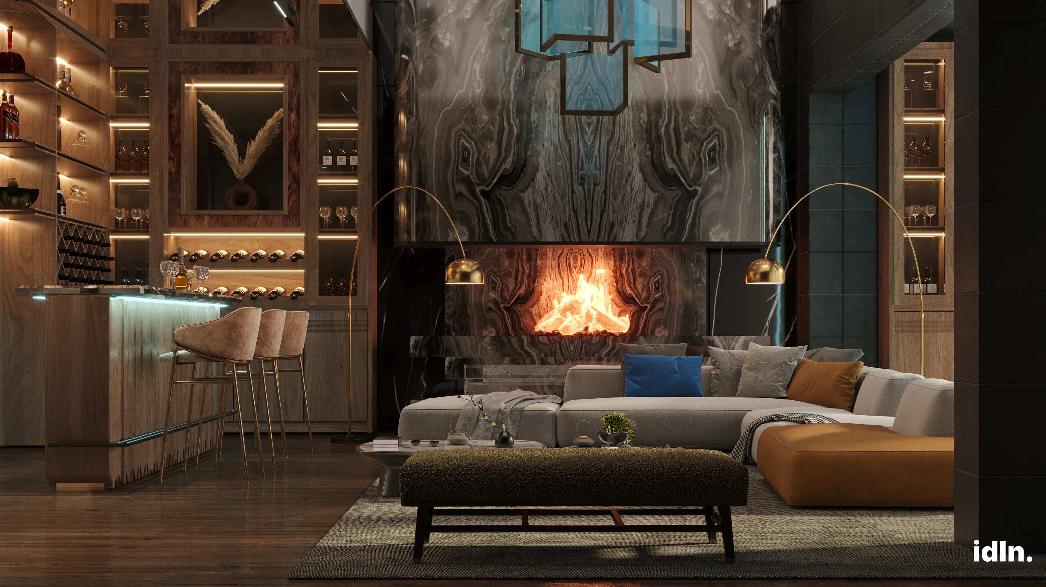 This is a picture of an open concpet living and bar area, fireplace, earthy tones