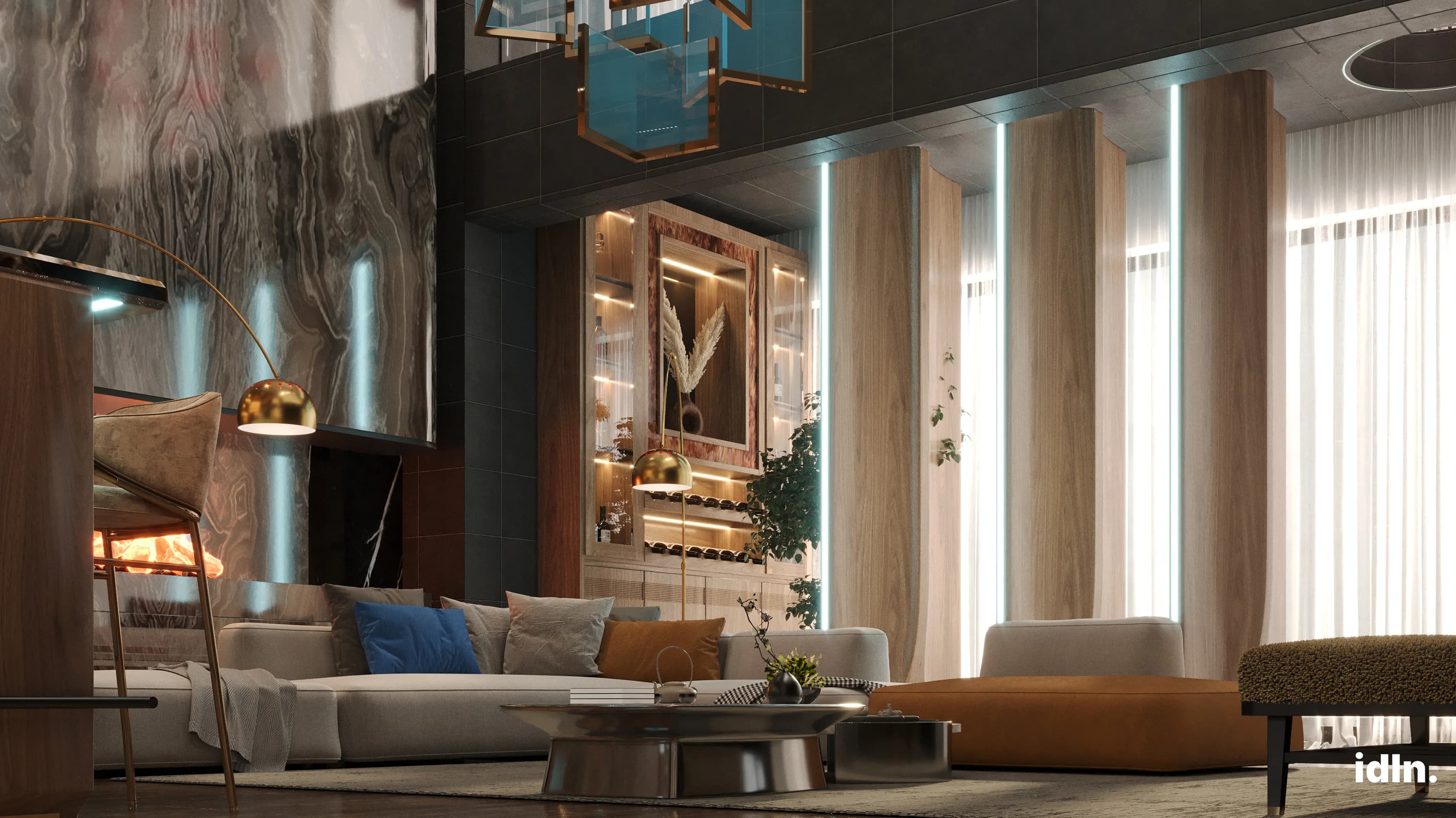 This is a picture of an open concpet living and bar area, fireplace, earthy tones
