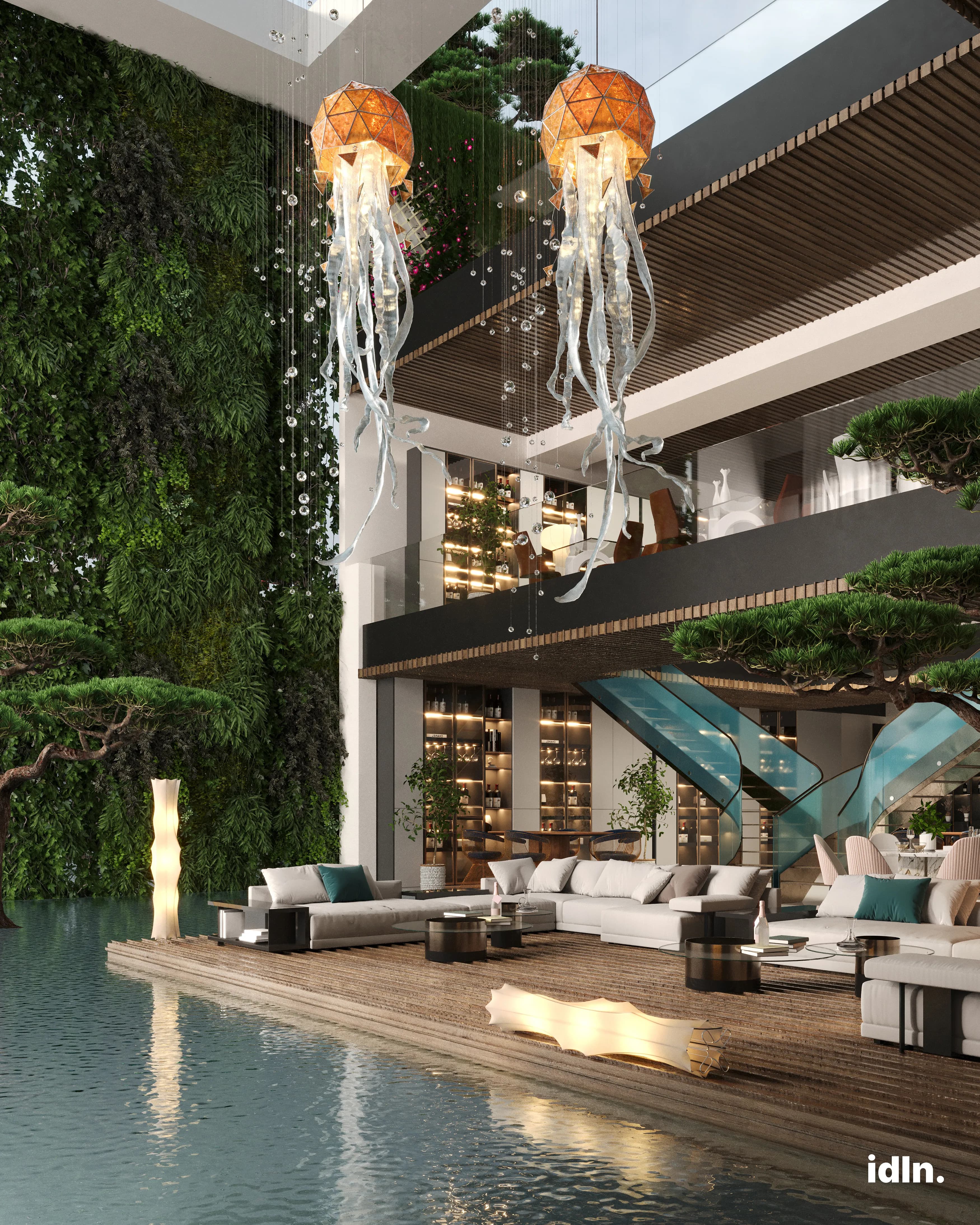 This is a picture of a modern luxury living area by a pool, ocean inspired interior design, jellyfish shaped chandelier, nature and platns