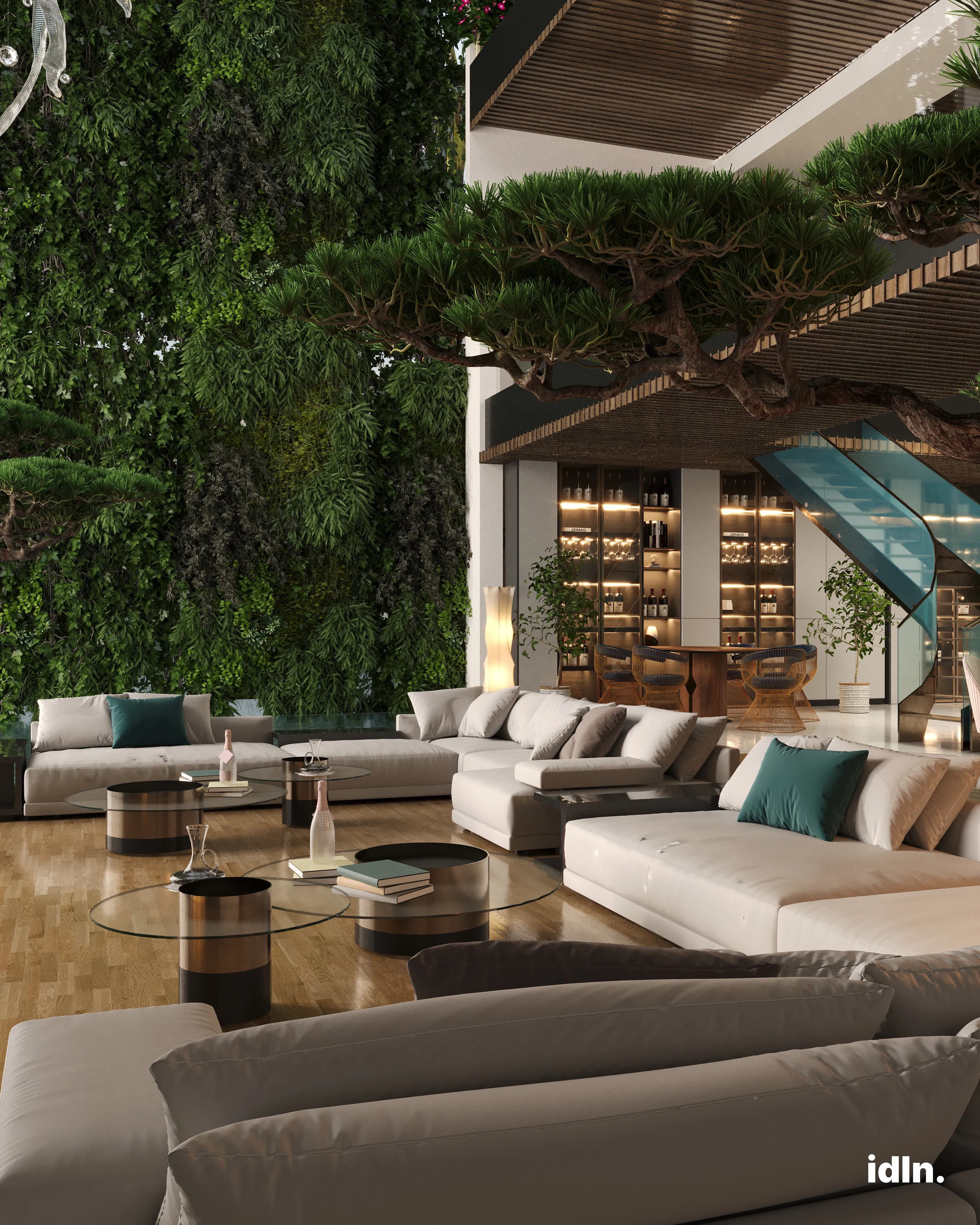 This is a picture of a modern luxury living area by a pool, ocean inspired interior design, jellyfish shaped chandelier, nature and platns