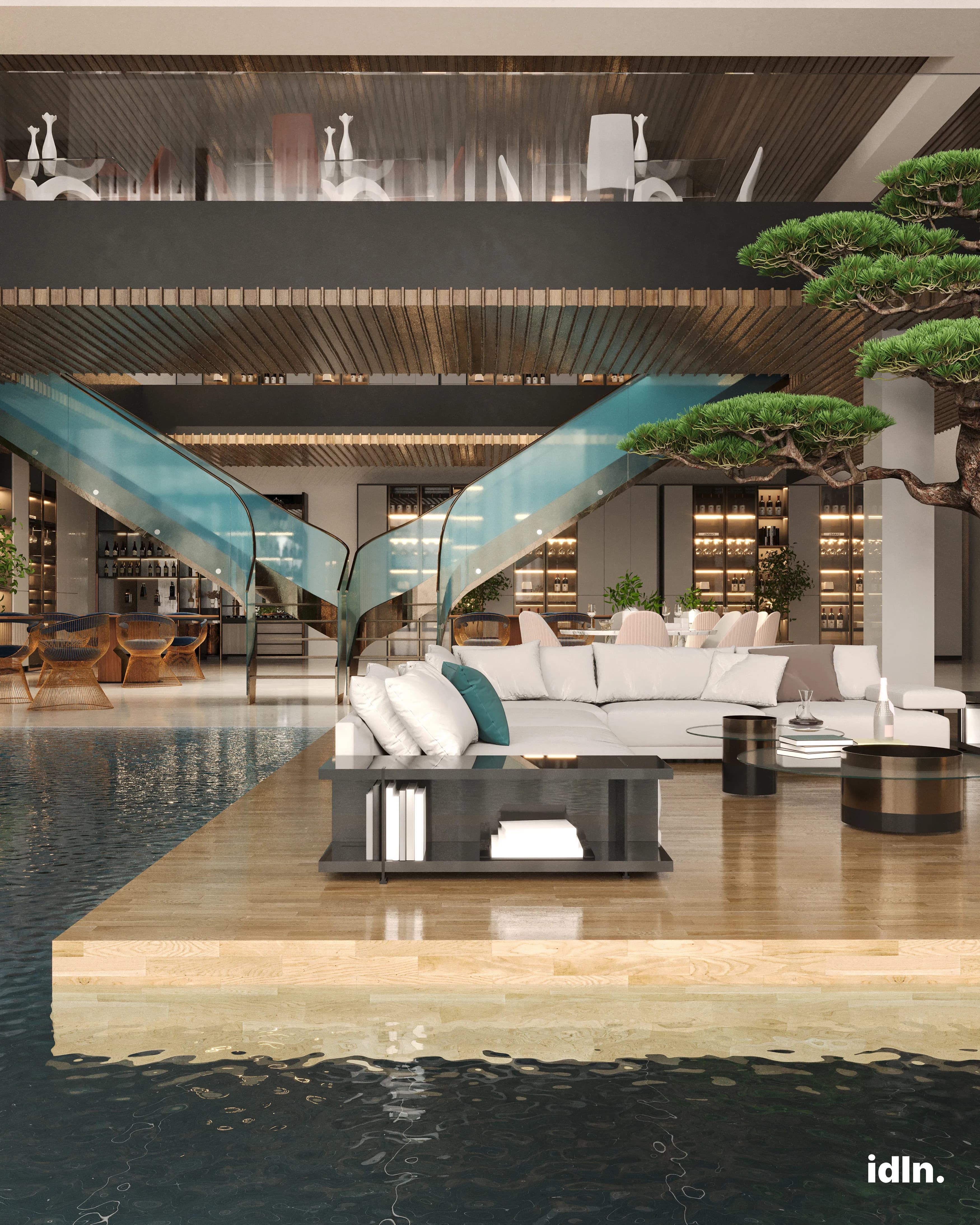 This is a picture of a modern luxury living area by a pool, ocean inspired interior design, jellyfish shaped chandelier, nature and platns