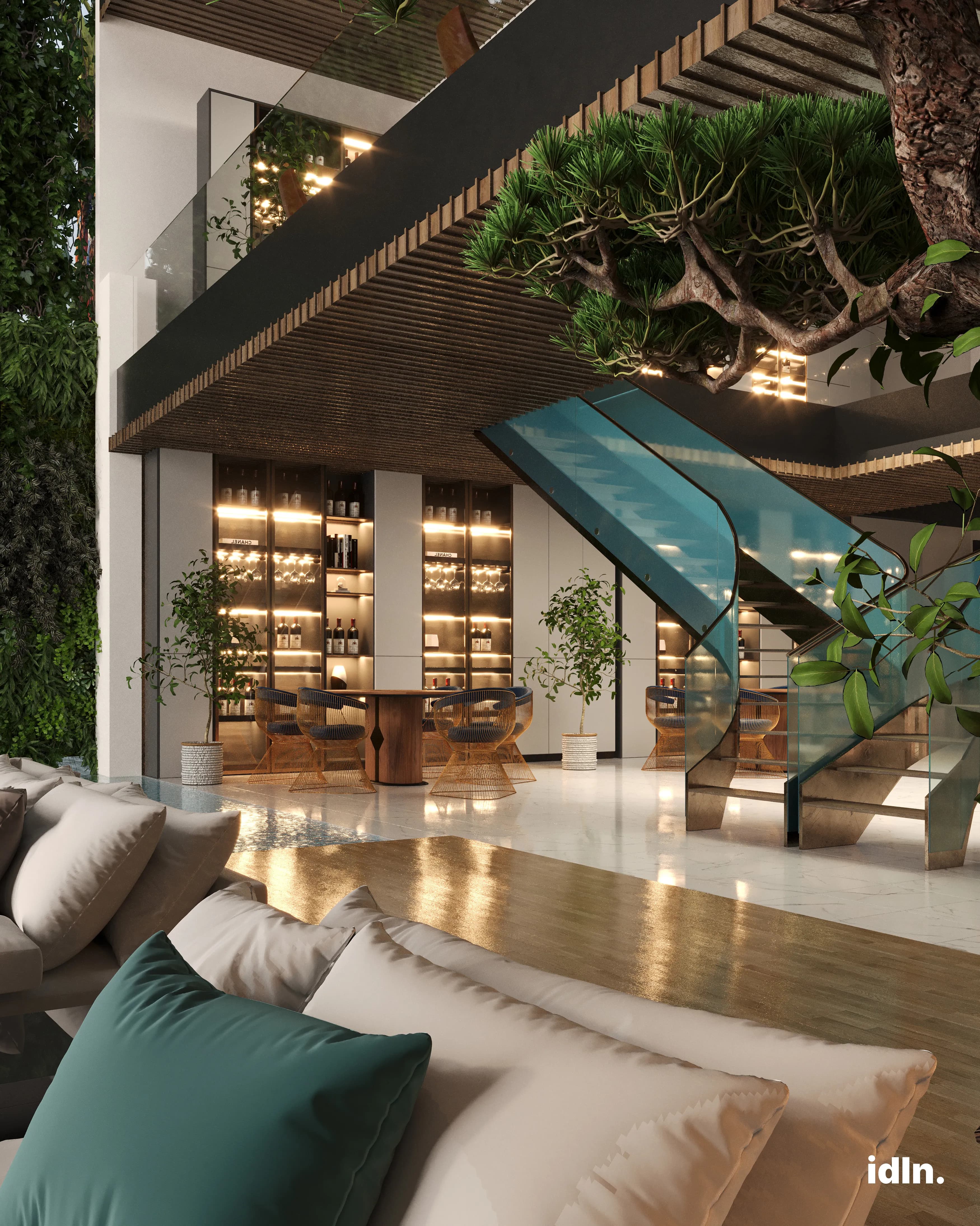 This is a picture of a modern luxury living area by a pool, ocean inspired interior design, jellyfish shaped chandelier, nature and platns