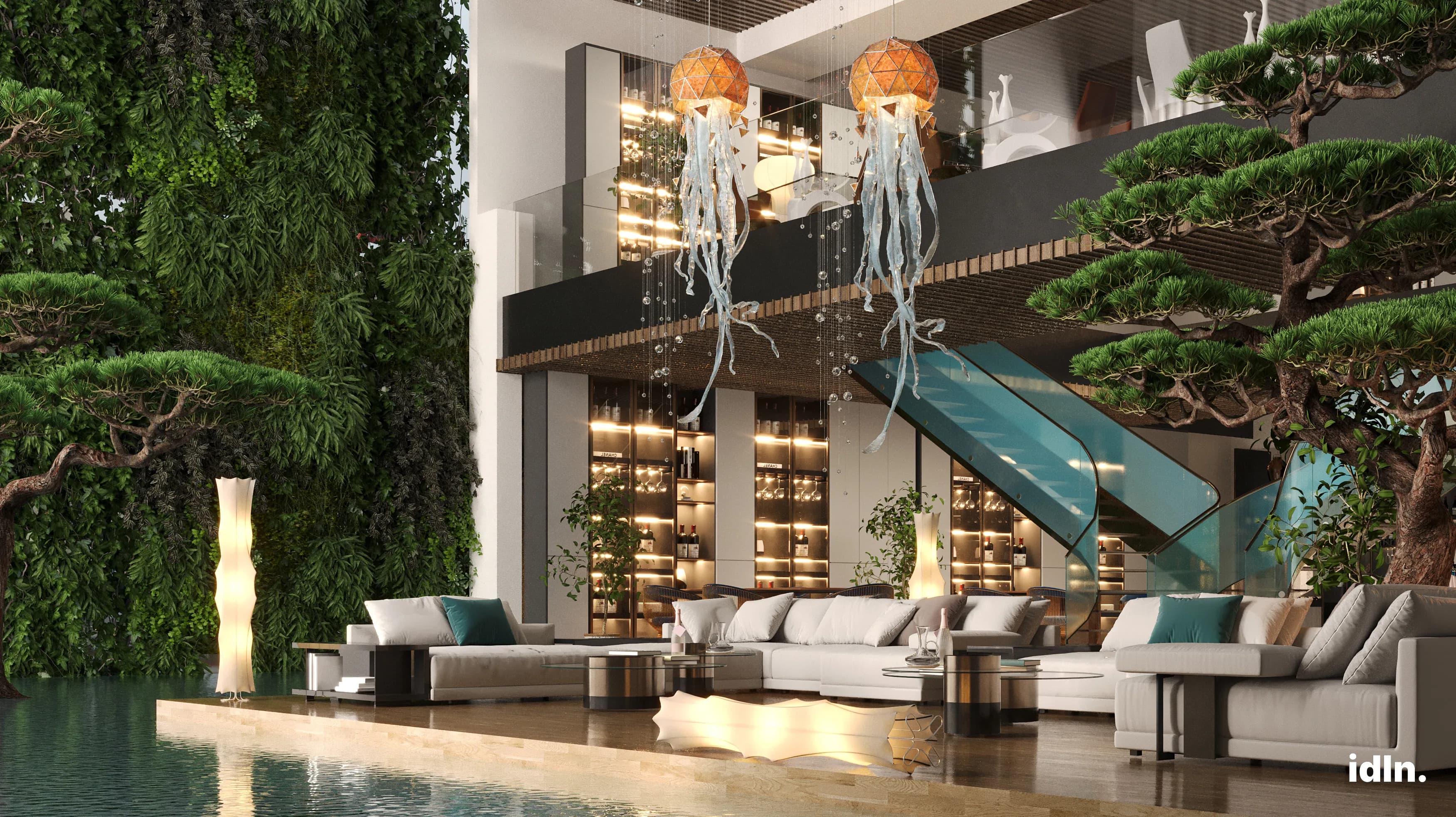 This is a picture of a modern luxury living area by a pool, ocean inspired interior design, jellyfish shaped chandelier, nature and platns