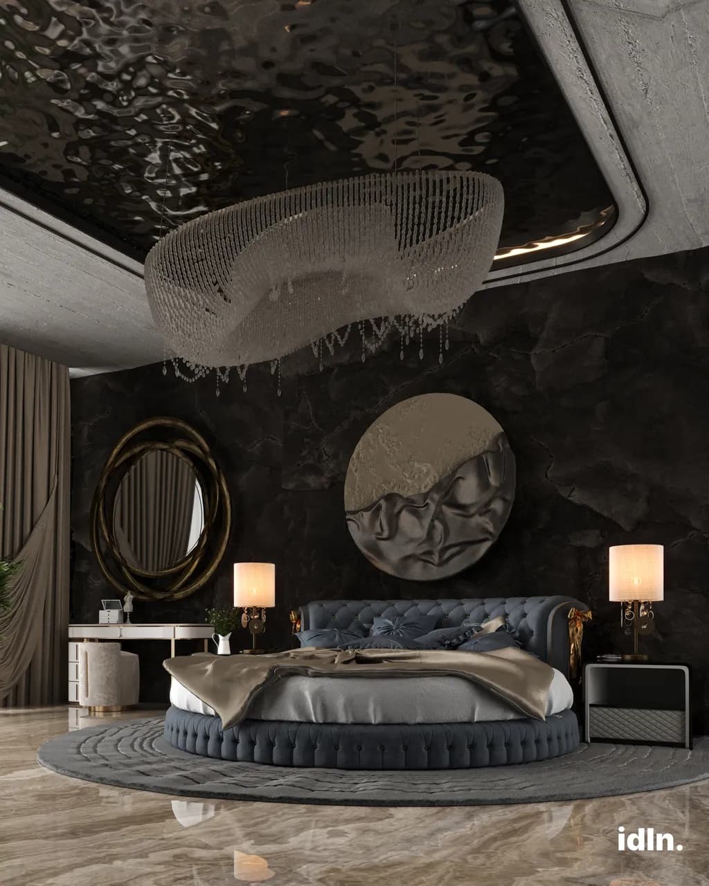 This is a picture of a modern luxury bedroom in Miami, round bed, dark colors