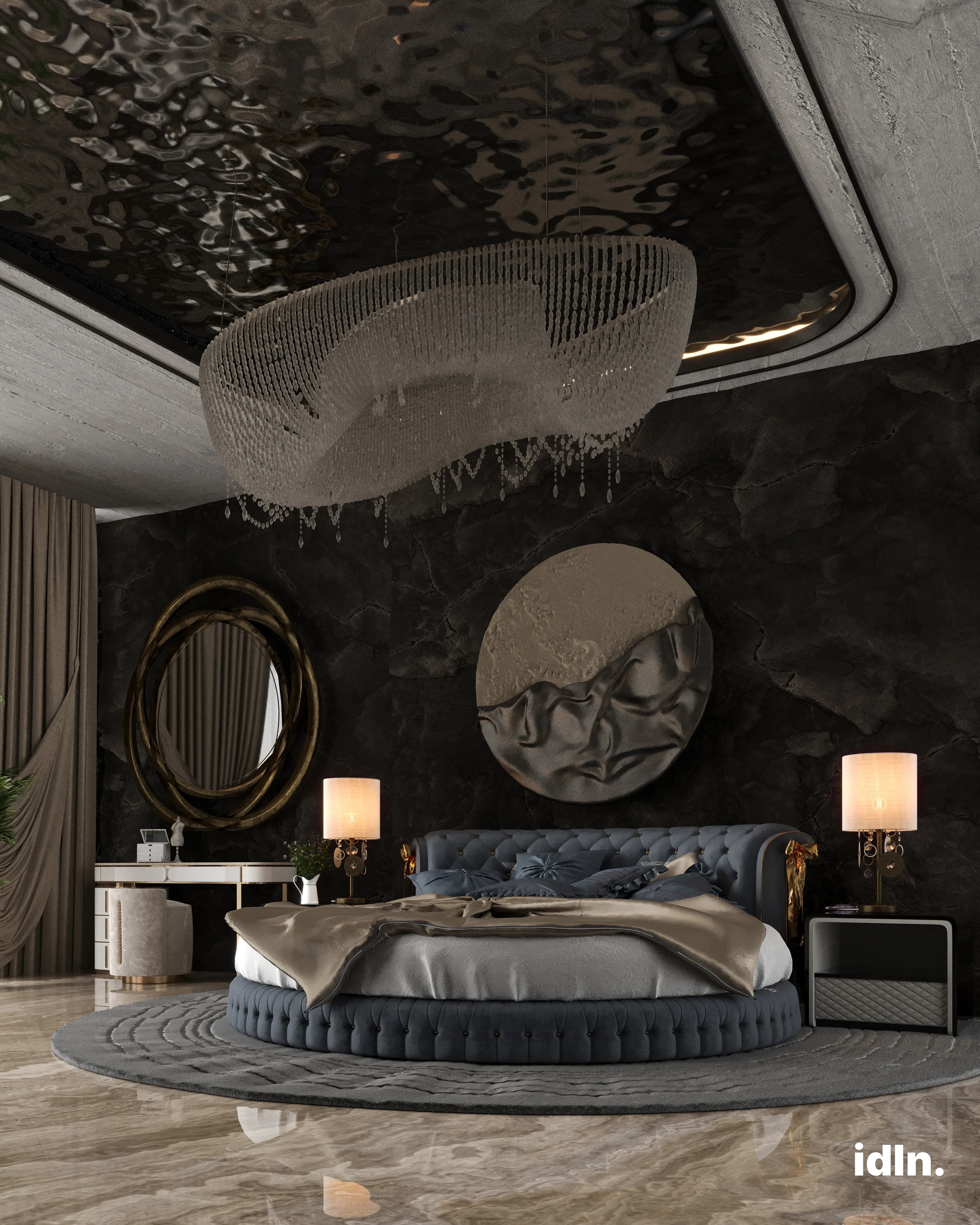 This is a picture of a modern luxury bedroom in Miami, round bed, dark colors