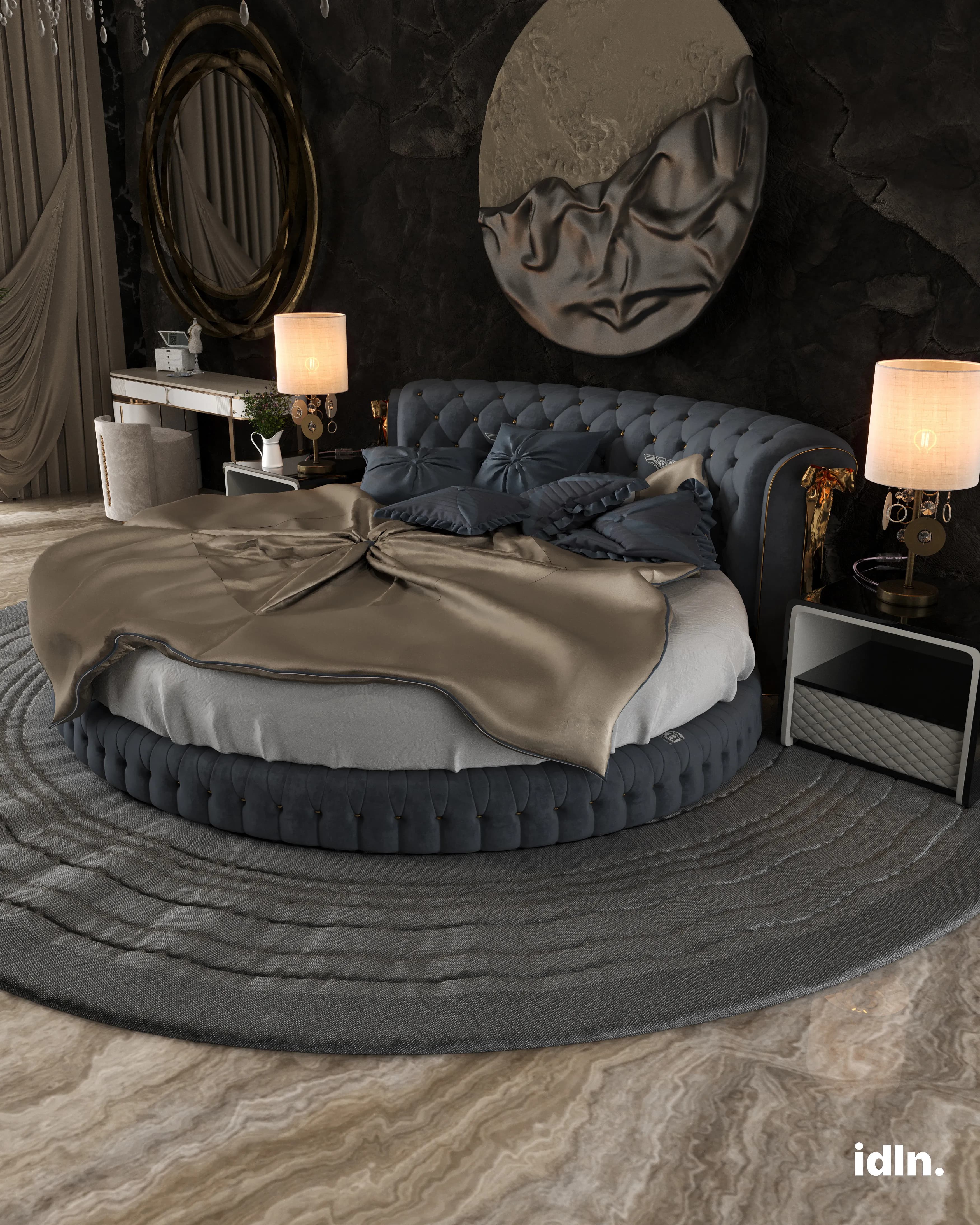 This is a picture of a modern luxury bedroom in Miami, round bed, dark colors