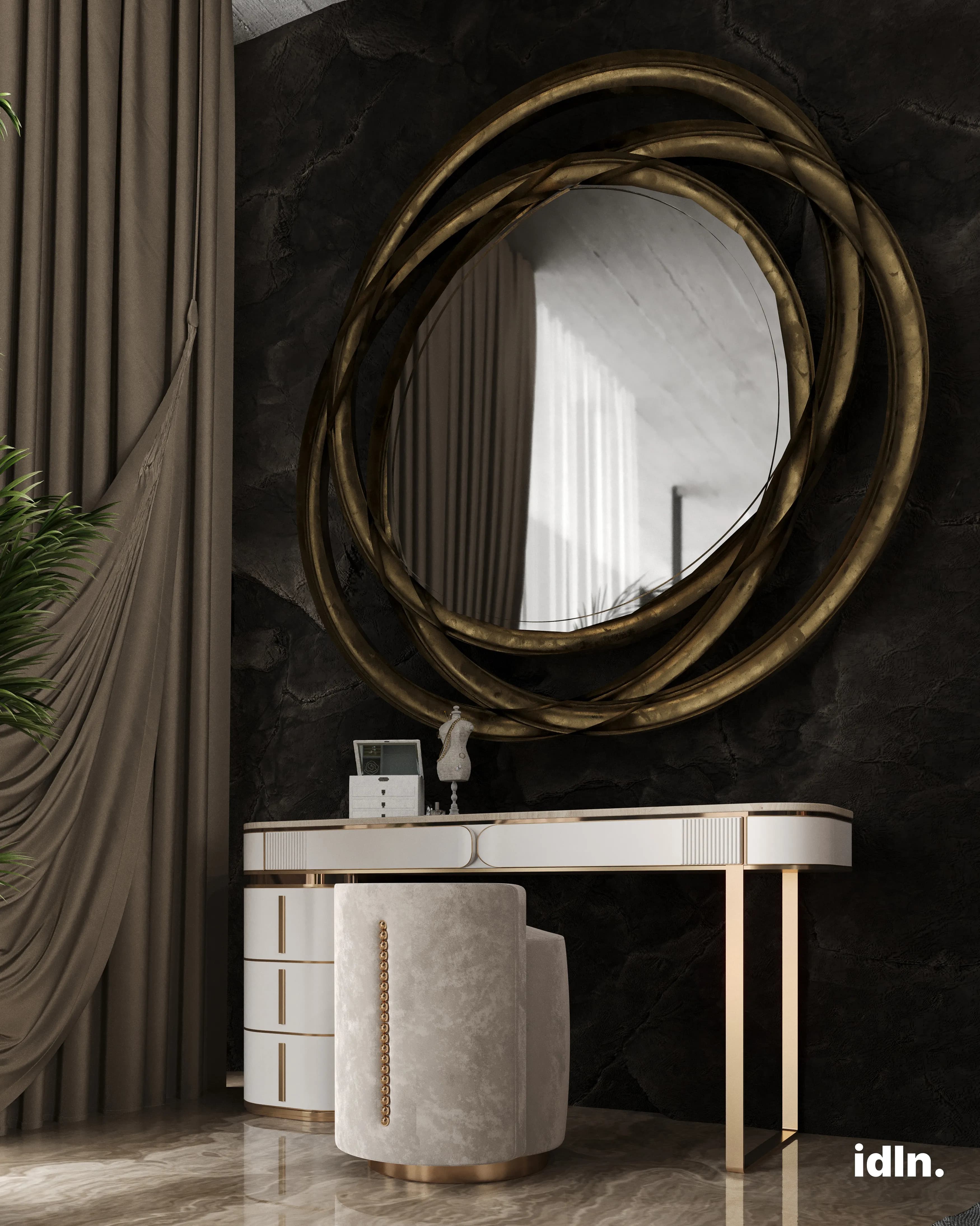 This is a picture of a modern luxury bedroom in Miami, round bed, dark colors