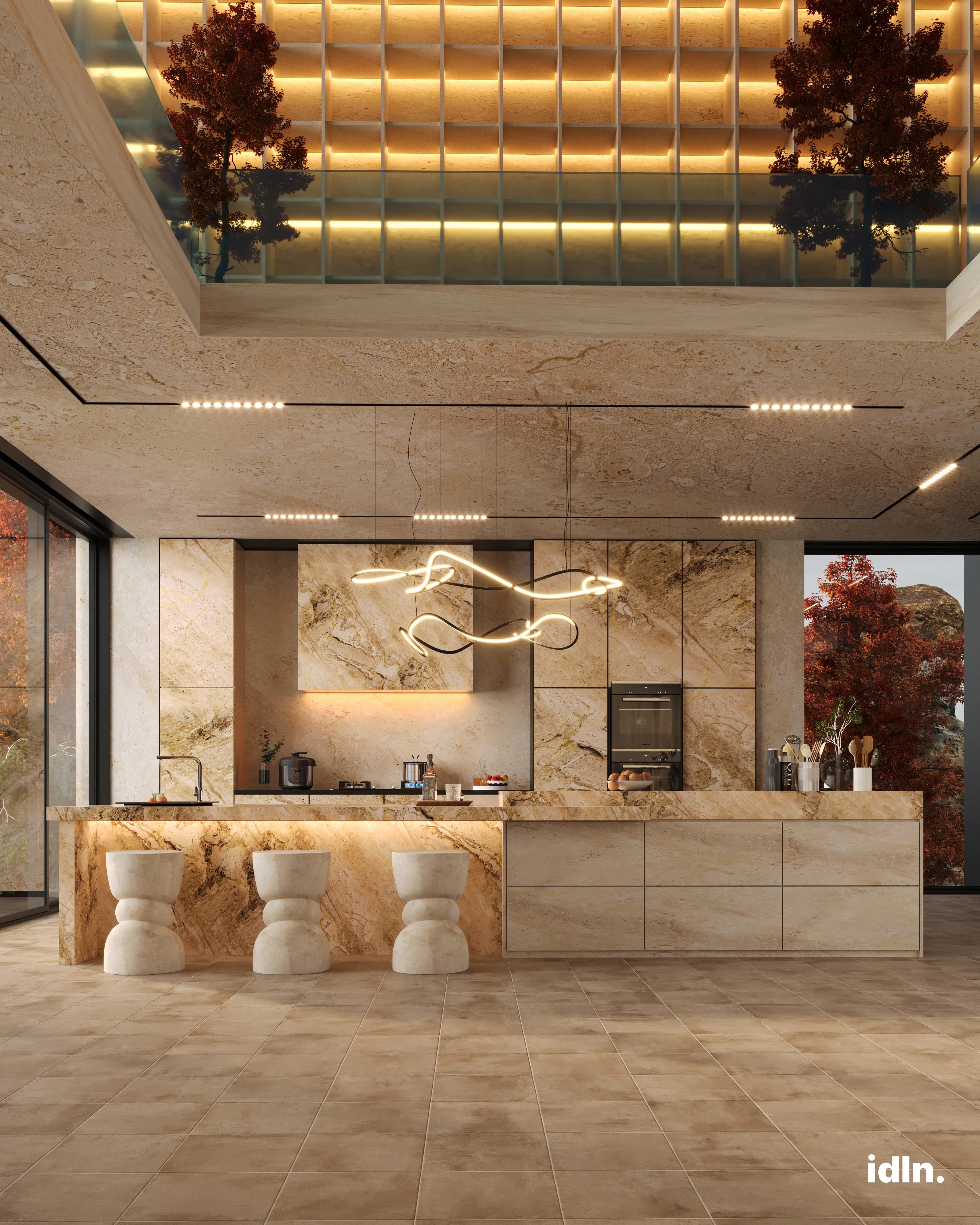 This is a picture of a stone kitchen, neutral color palette, line chandelier